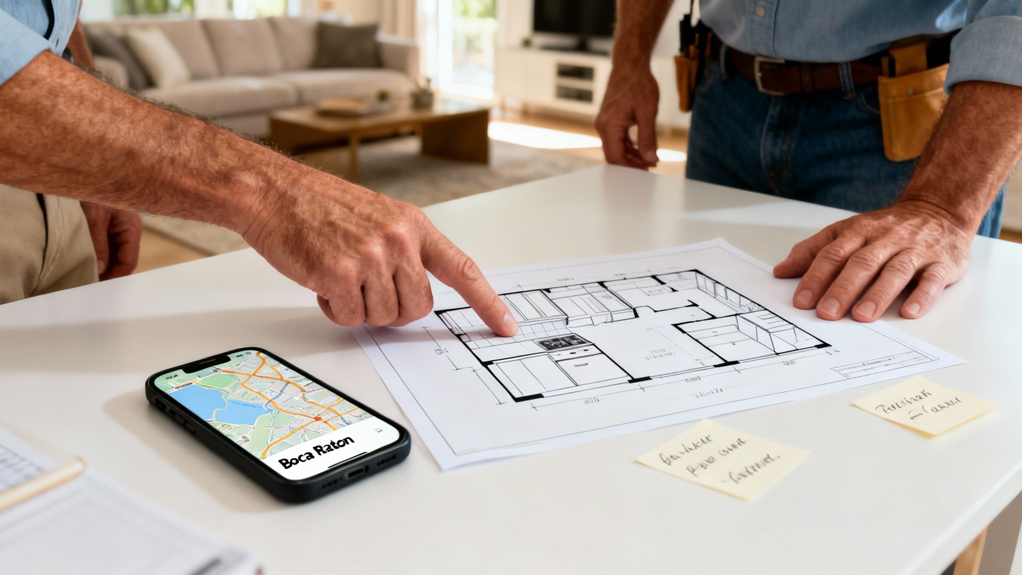 Contractors reviewing a house renovation blueprint with a smartphone displaying a Boca Raton map.