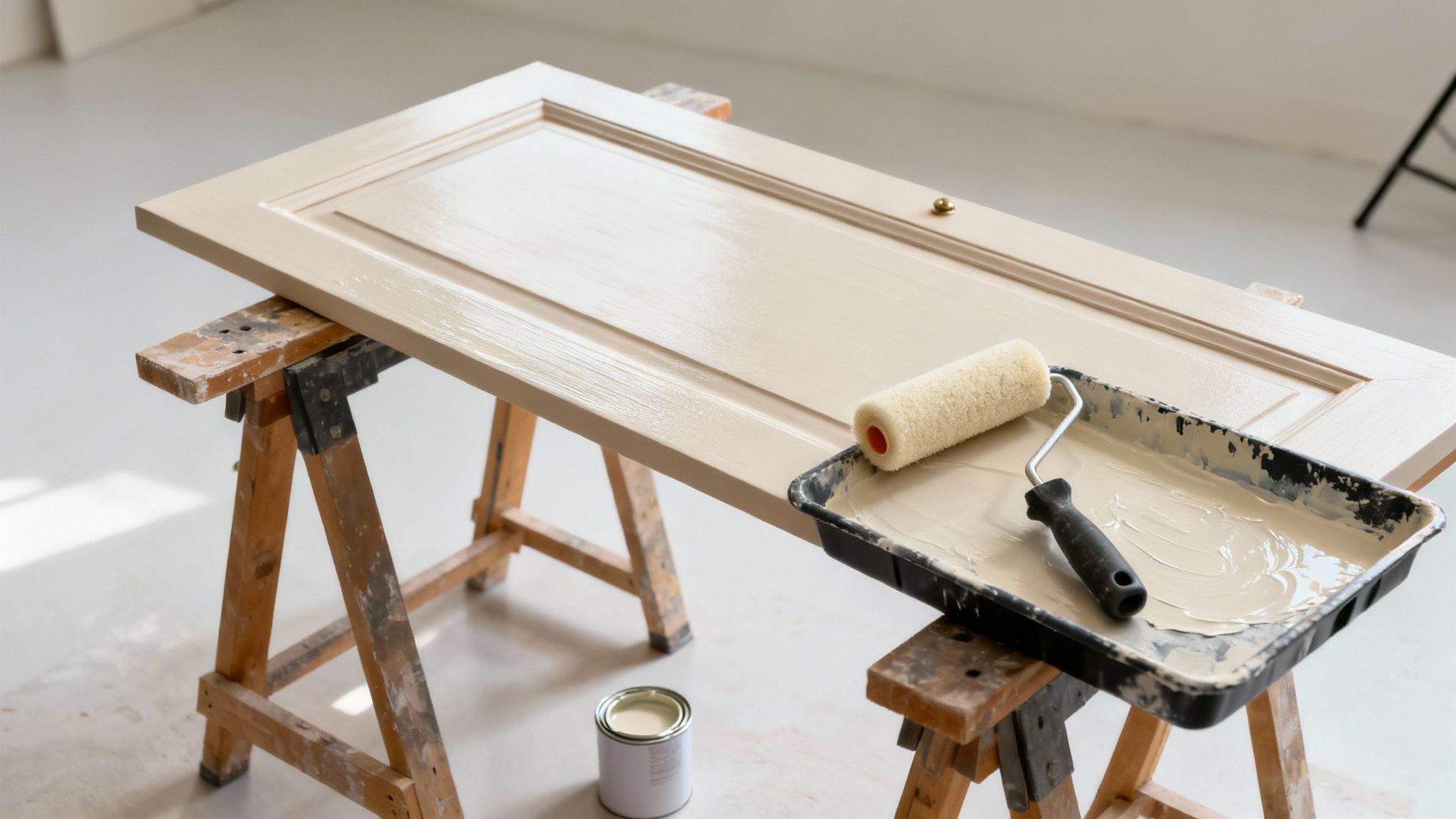 A door being painted light beige rests on sawhorses, with a roller, paint tray, and can nearby.
