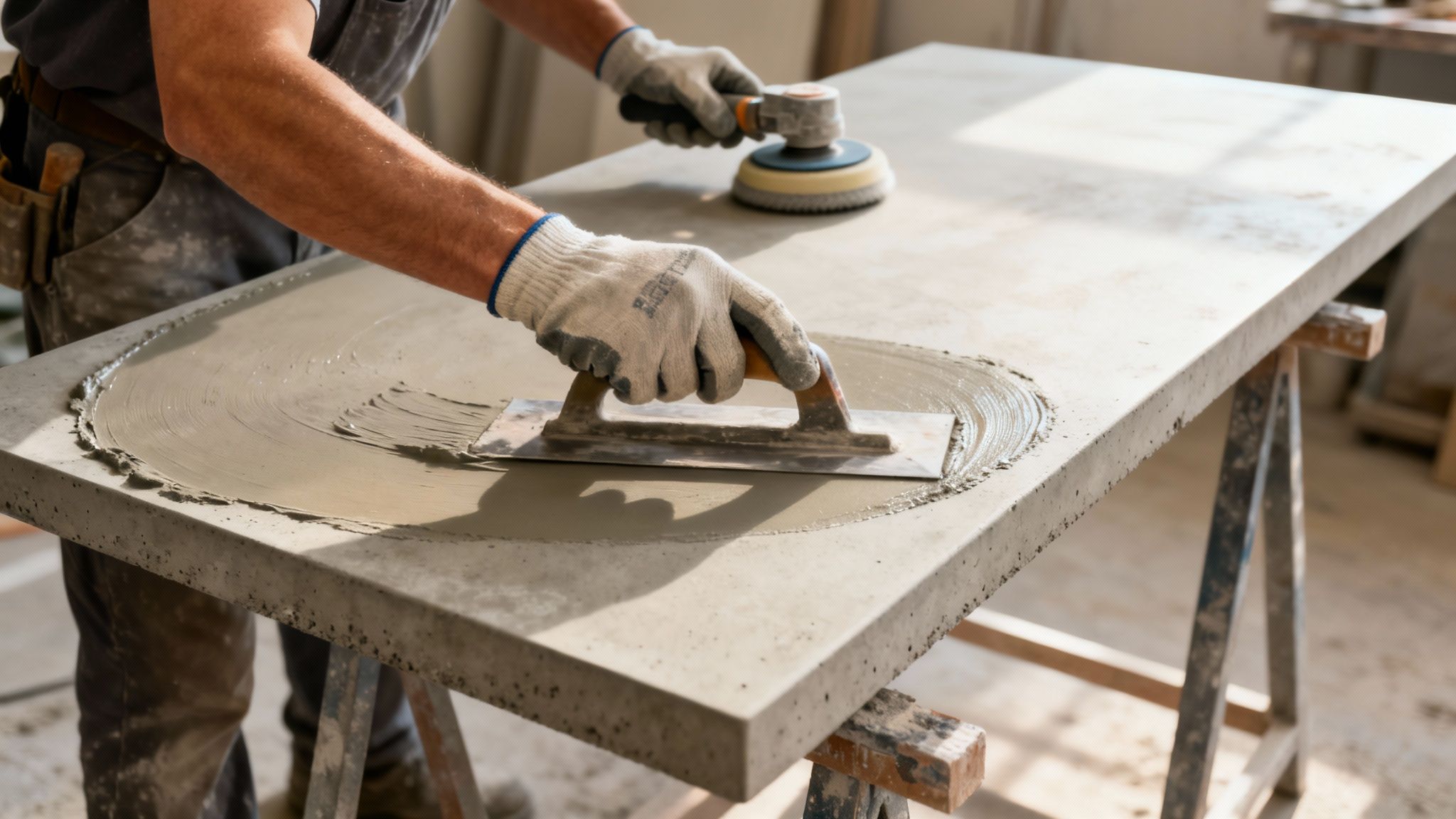 Gloved hands work on a concrete countertop, one smoothing with a trowel, another sanding.