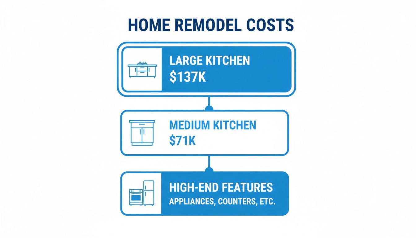 Infographic displaying home remodel costs for large and medium kitchens, including high-end features like appliances and counters.