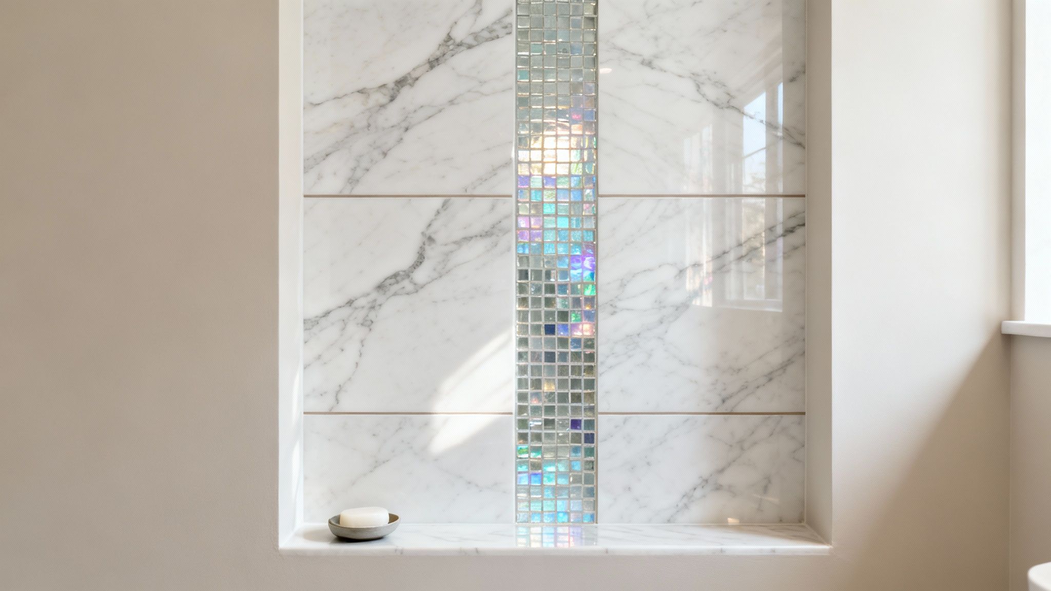 A luxurious bathroom featuring natural stone tiles on the walls and floor.