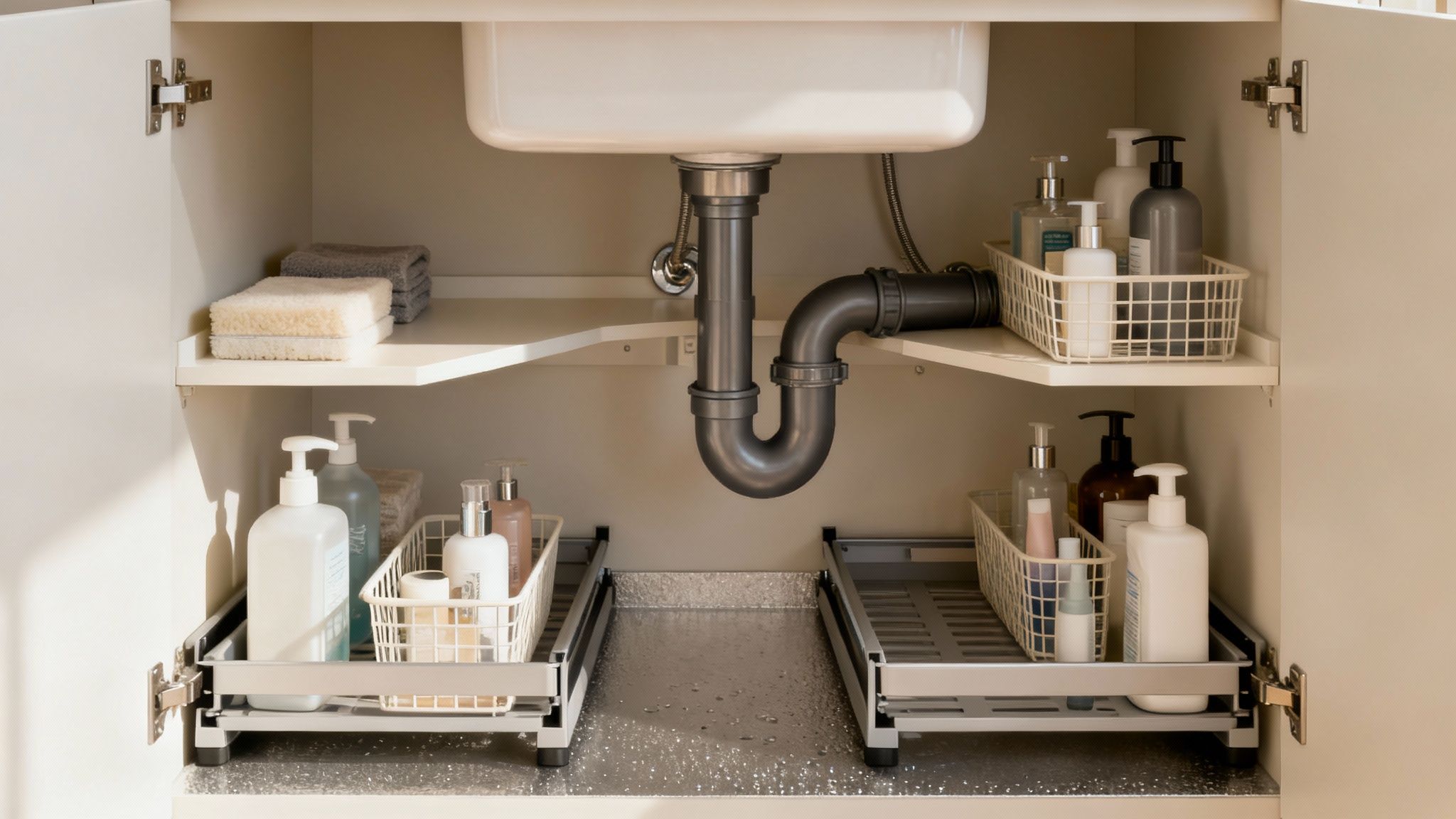 Organized under-sink bathroom cabinet with shelves, pull-out trays, various toiletries, sponges, and towels.