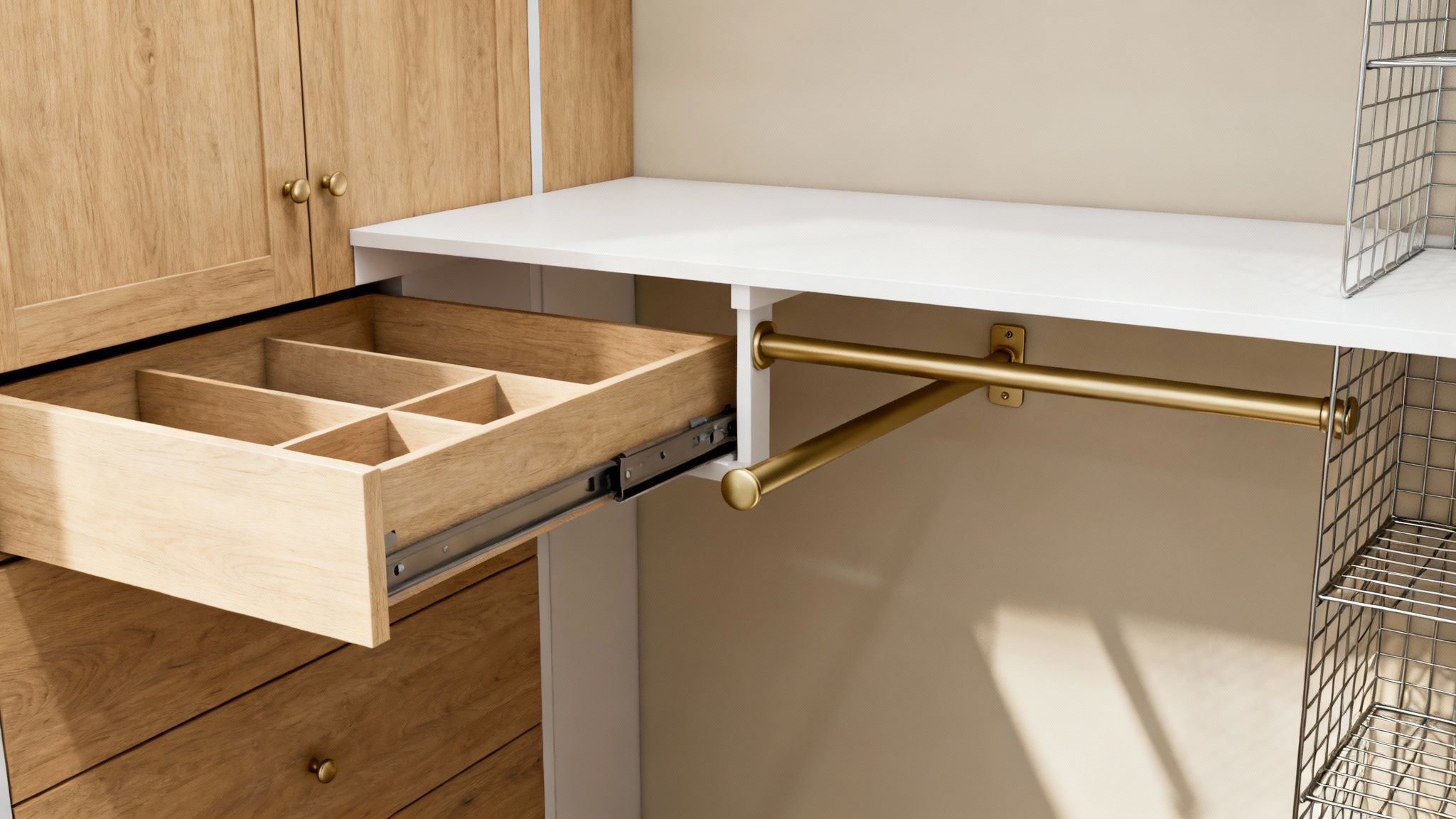 Pull-out wooden drawer organizer with brass towel bar in white walk-in closet storage