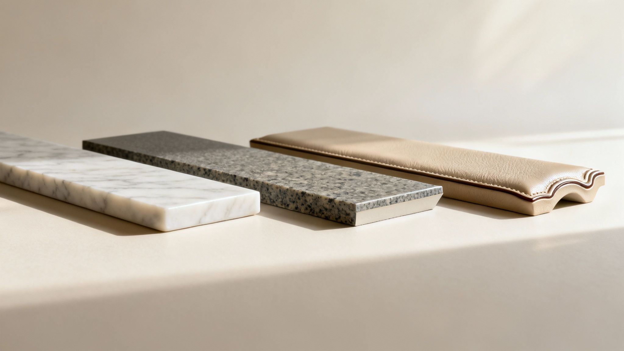 Three rectangular material samples: white marble, gray granite, and beige leather, on a light surface.
