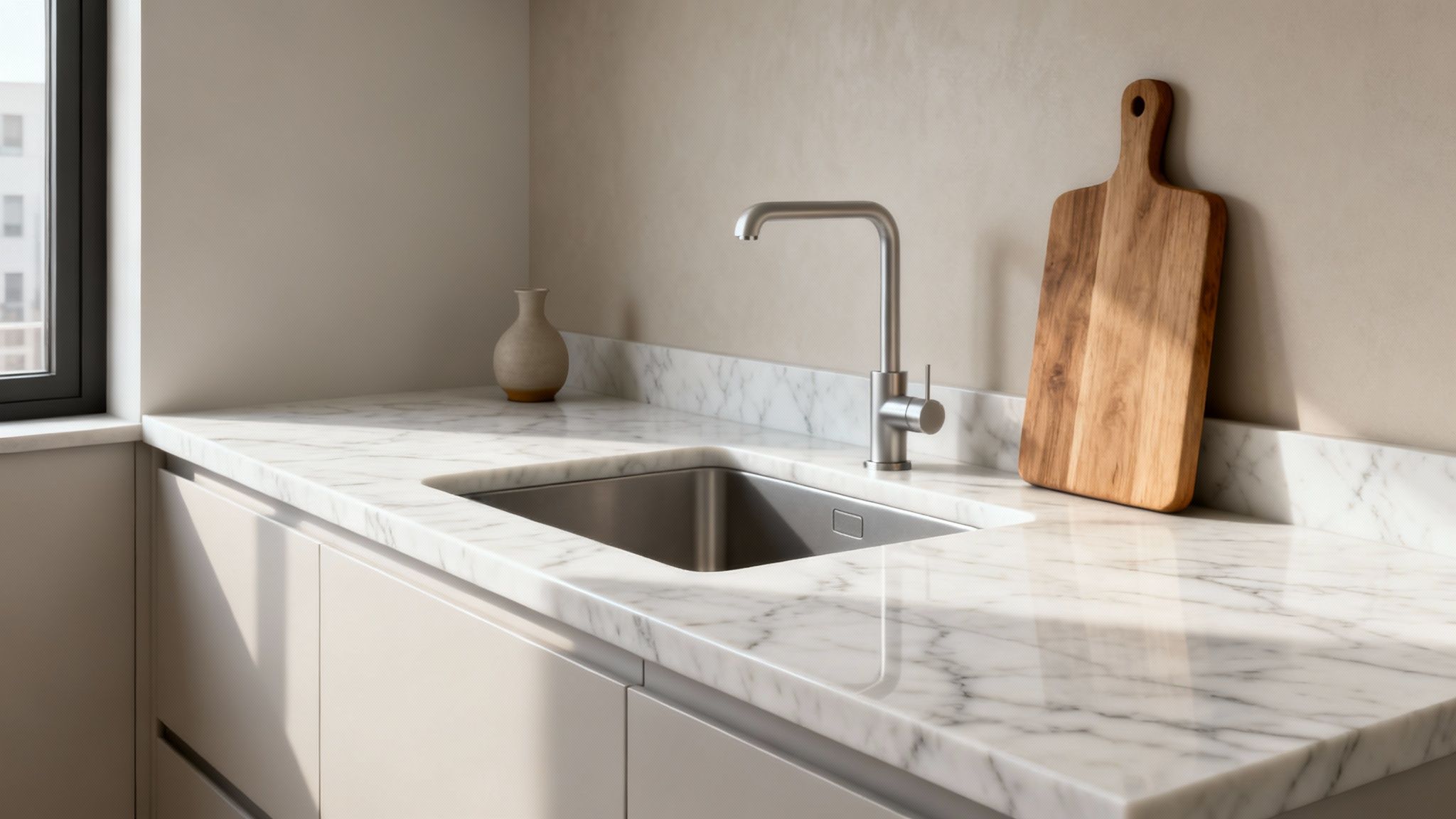 A sleek modern kitchen features a white marble countertop with a stainless steel sink and a chrome faucet.