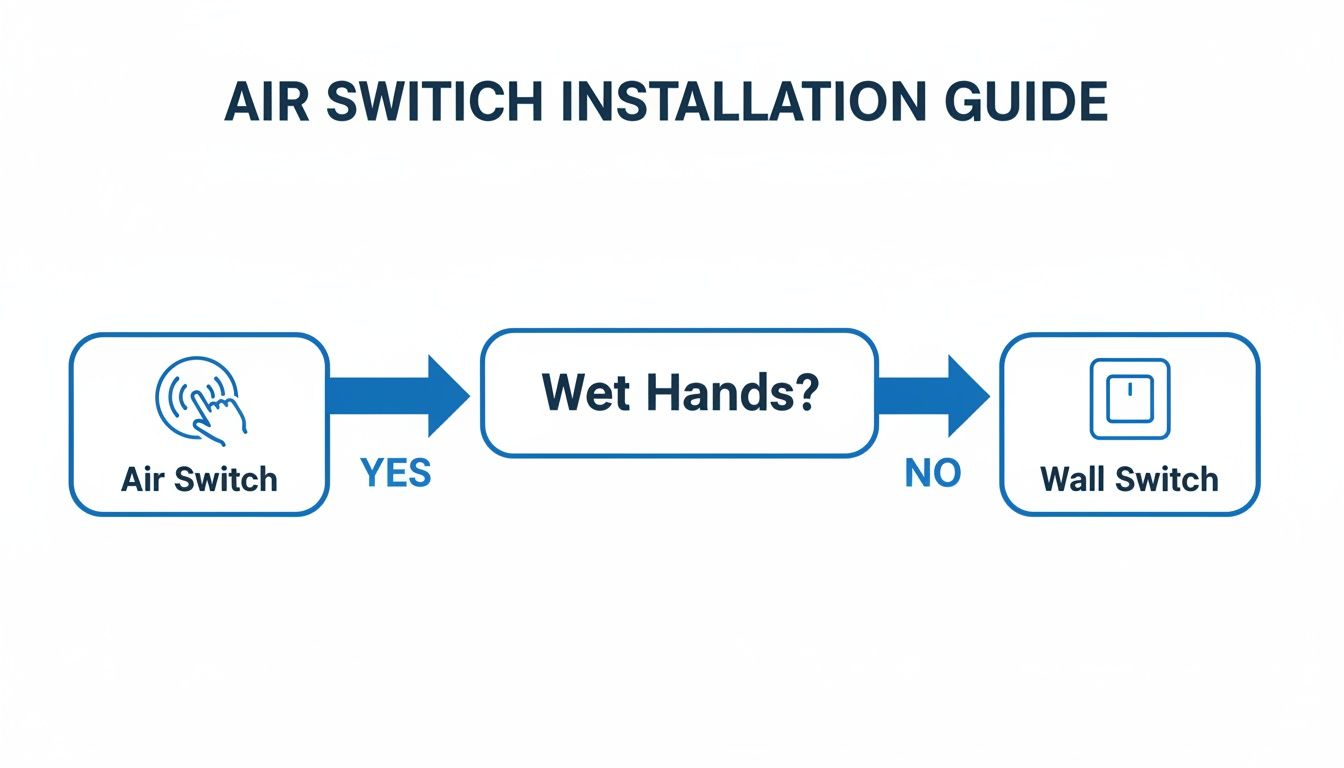 A flowchart titled 'AIR SWITCH INSTALLATION GUIDE' depicting a decision process for using an air switch or wall switch.