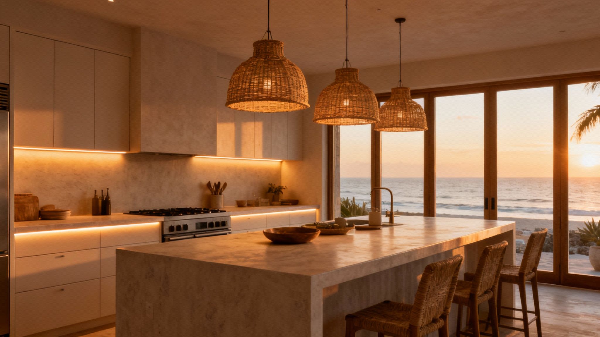 Modern coastal kitchen with an island, rattan lights, and ocean sunset view through glass doors.
