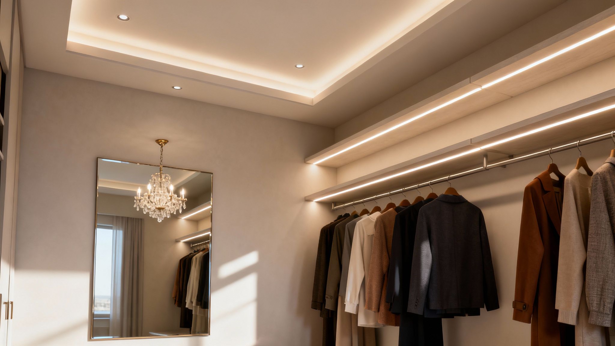 Modern walk-in closet with LED lighting, mirror, and organized clothing on hanging rails