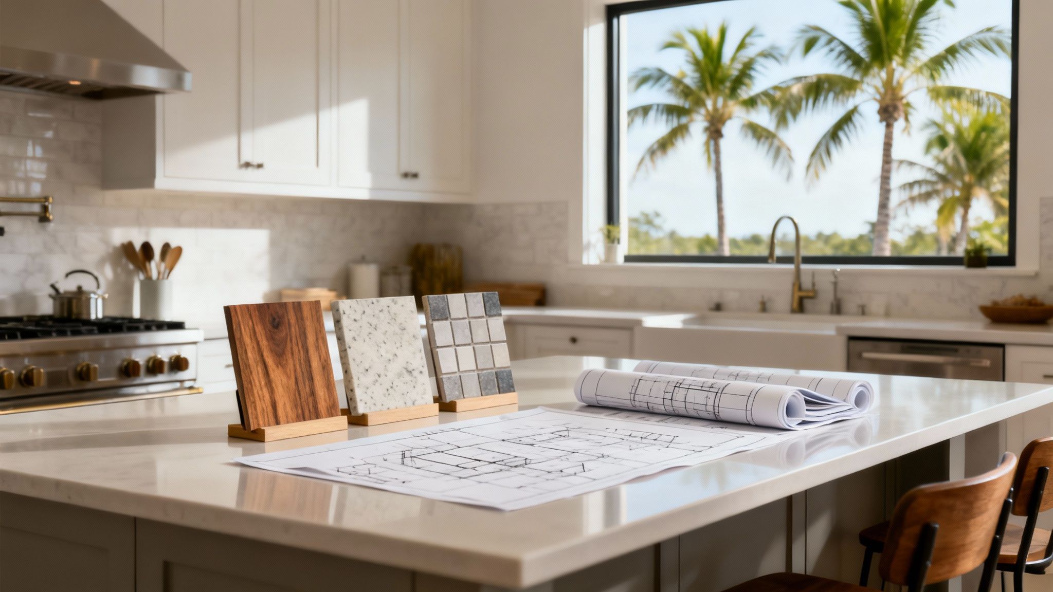 Modern kitchen island with remodeling blueprints, material samples, and tropical palm trees outside.