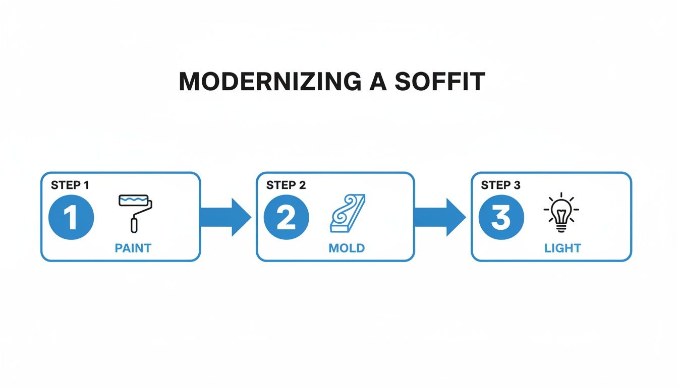 Flowchart illustrating three steps to modernize a soffit: paint, add mold, and install light.