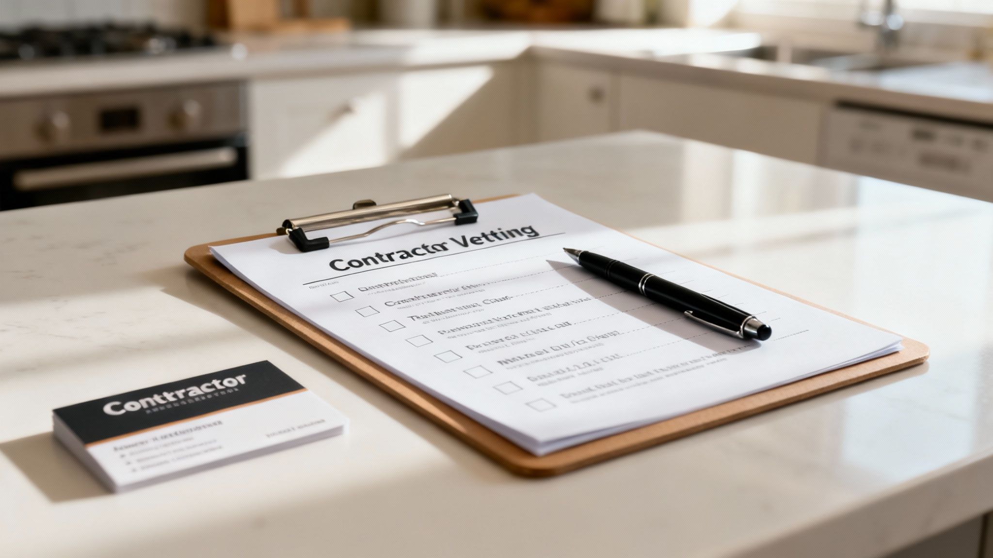A 'Contractor Vetting' form on a clipboard with a pen and business cards on a kitchen counter.