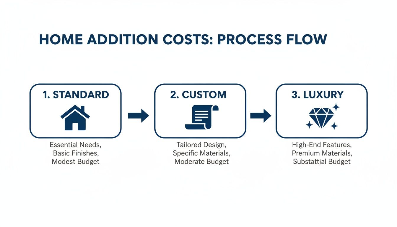 A process flow chart illustrating three levels of home addition costs: Standard, Custom, and Luxury.