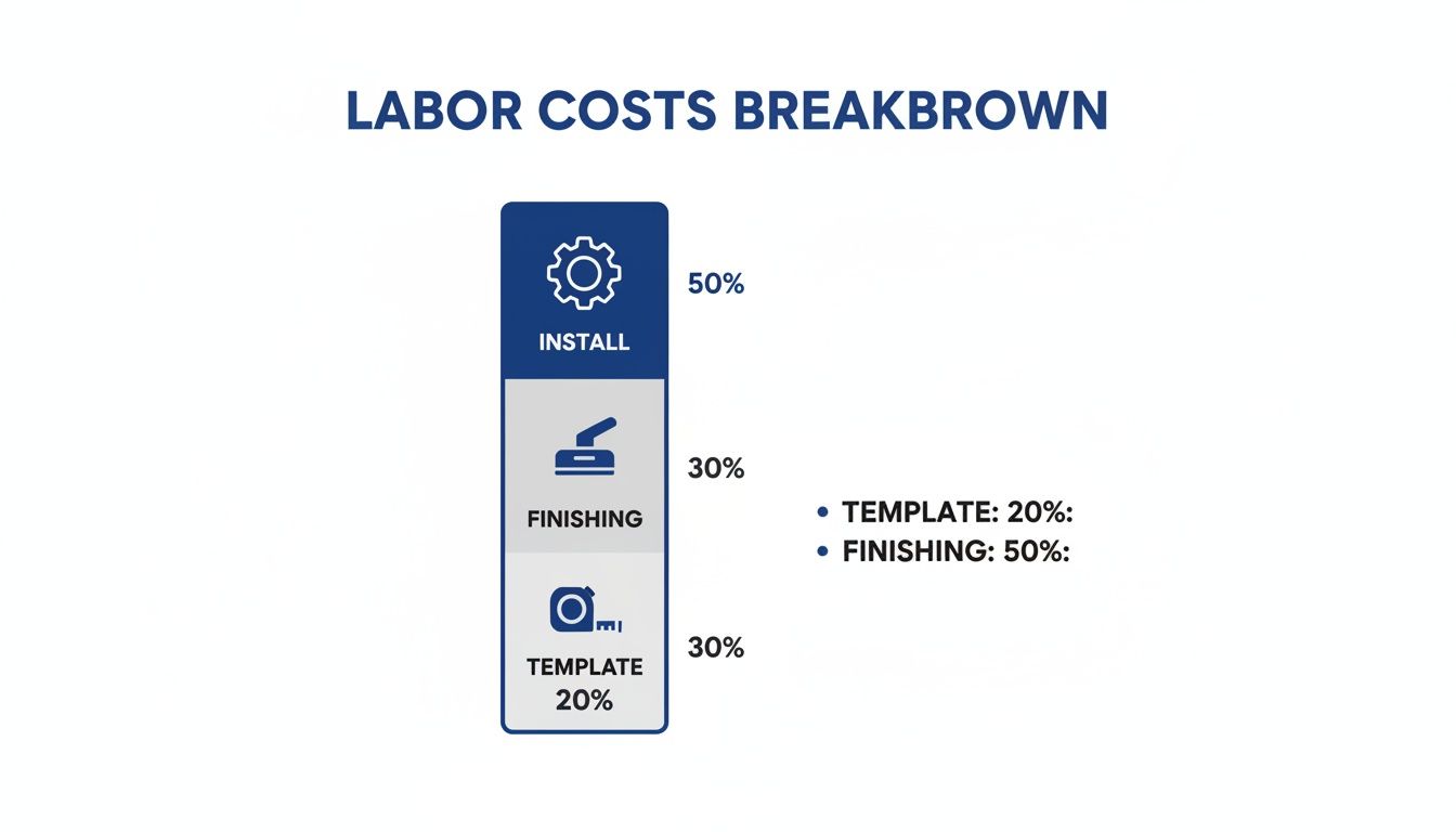 A labor costs breakdown chart showing percentages for install, finishing, and template tasks.
