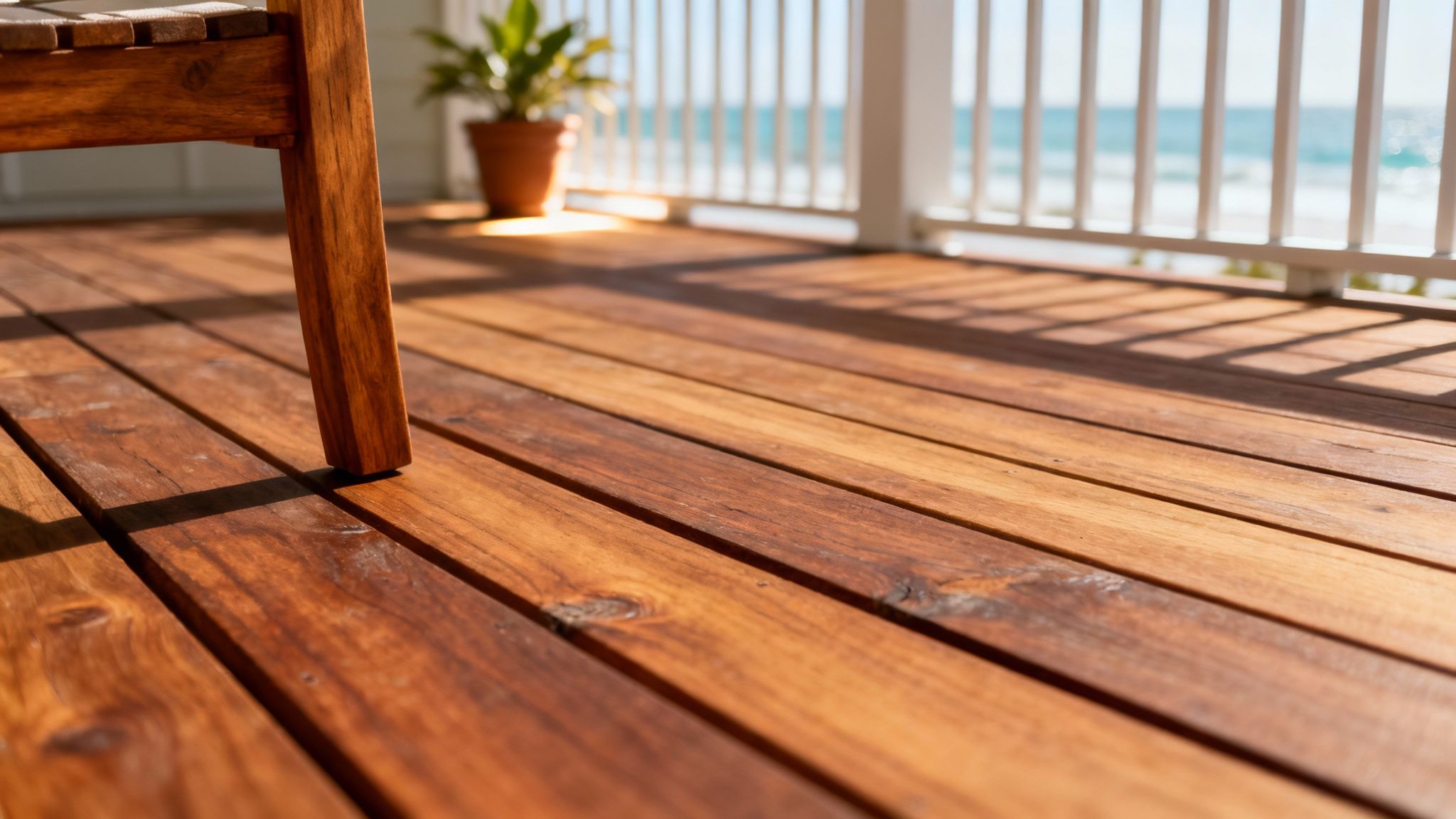 Natural wood deck with furniture leg showing grain texture and white railing overlooking ocean view