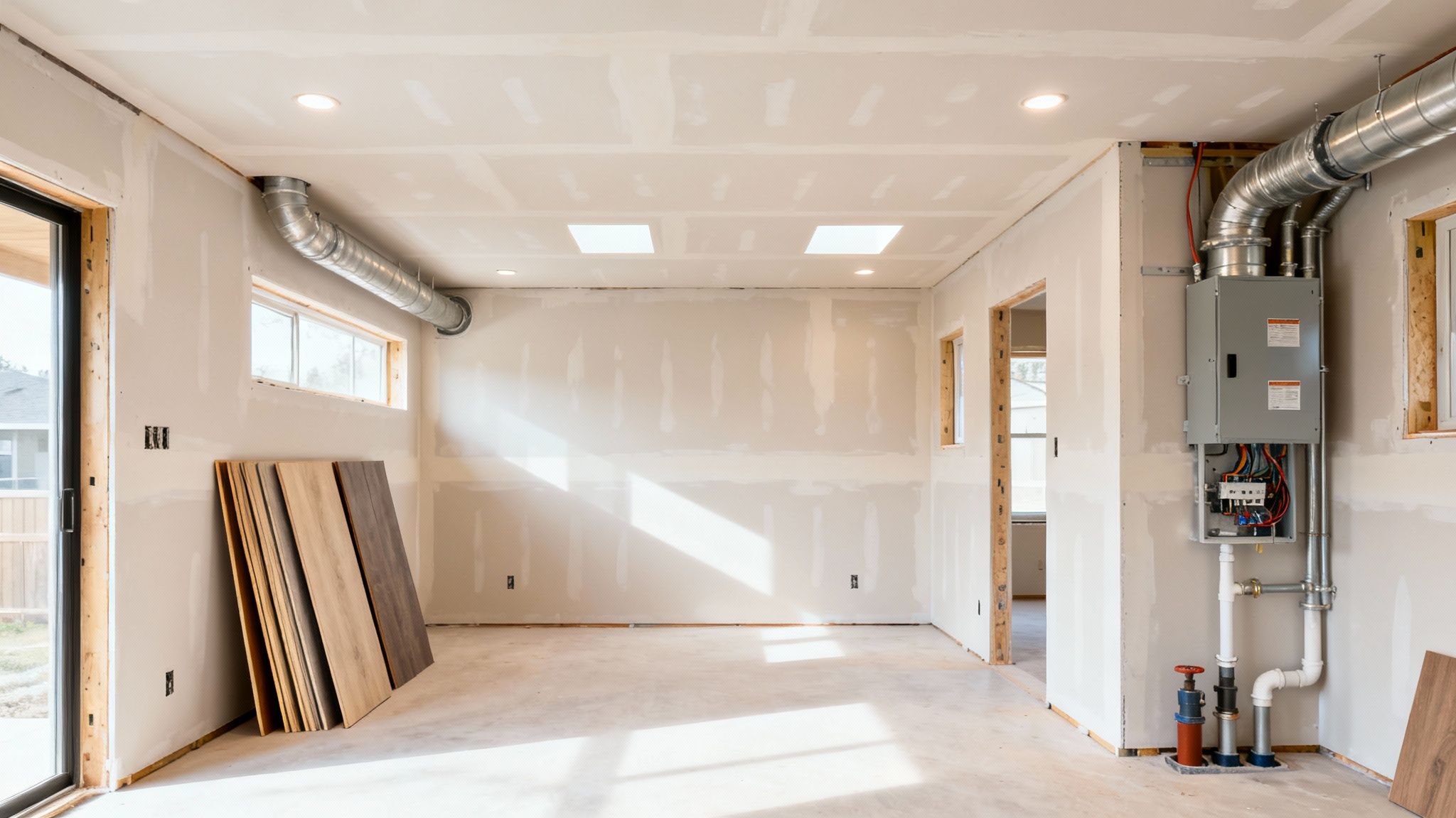 An unfinished room in a home under construction with new drywall, HVAC ducts, electrical panel, and flooring samples.