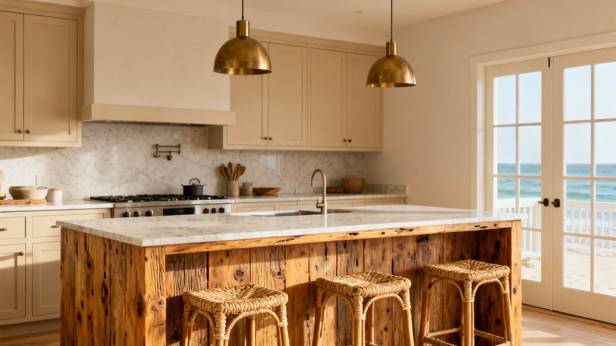 A bright coastal kitchen with a rustic wooden island, marble counters, and ocean views.
