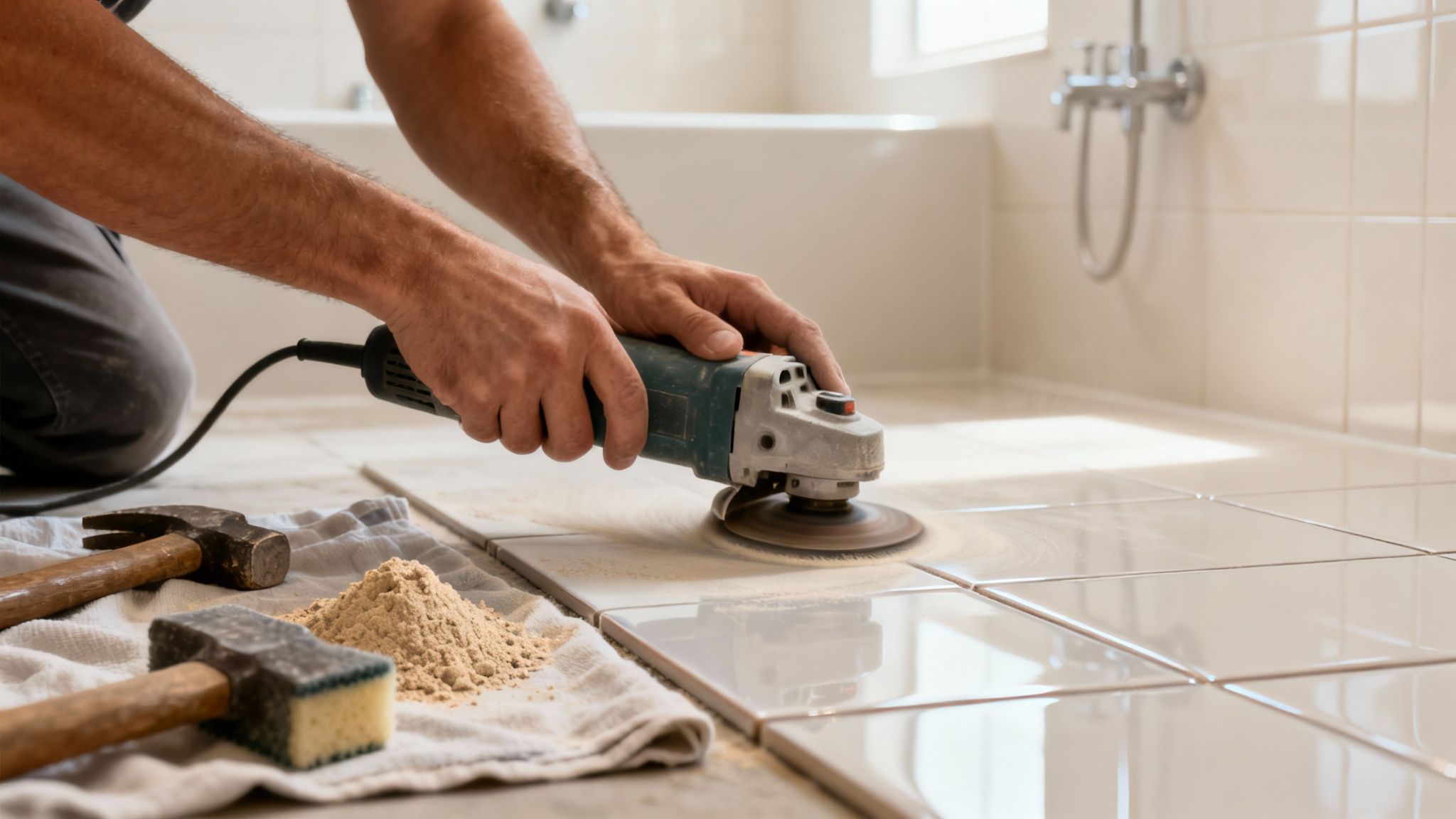 Worker using an angle grinder to prepare light-colored tiles on a bathroom floor during renovation.