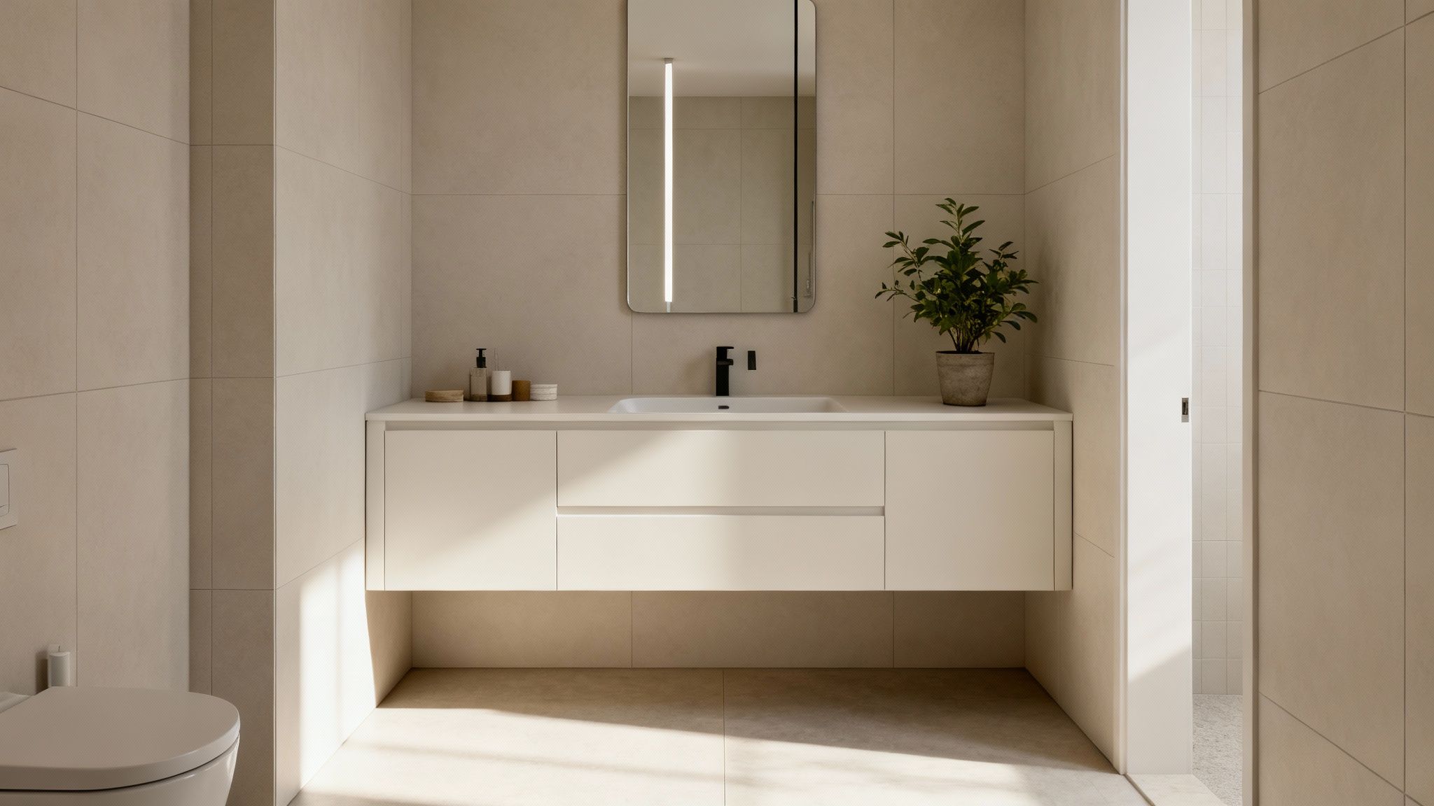 Modern bathroom with light tiles, a floating vanity, a mirror, black faucet, and a plant.