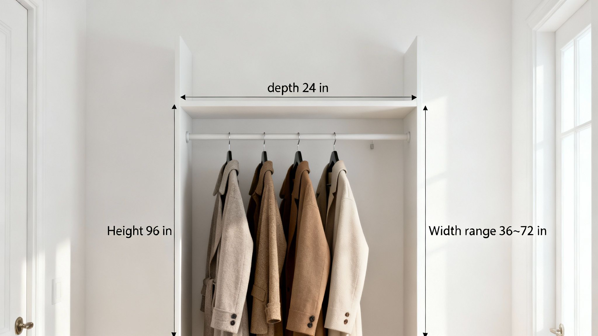 A coat closet with labeled dimensions: 96-inch height, 24-inch depth, and 36-72 inch width. Several coats hang inside.