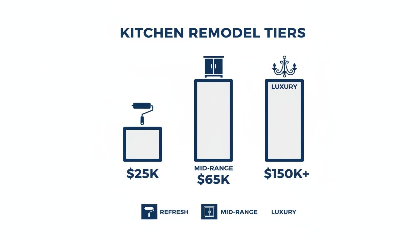 A bar chart illustrating kitchen remodel tiers with estimated costs: Refresh ($25K), Mid-Range ($65K), and Luxury ($150K+).