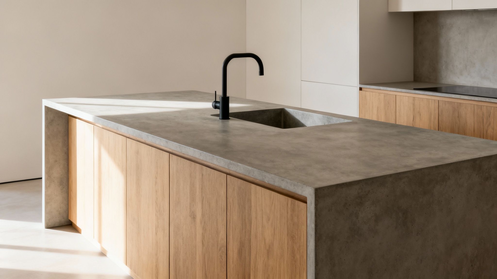 Modern kitchen island with concrete countertop, integrated sink, black faucet, and light wood cabinets.