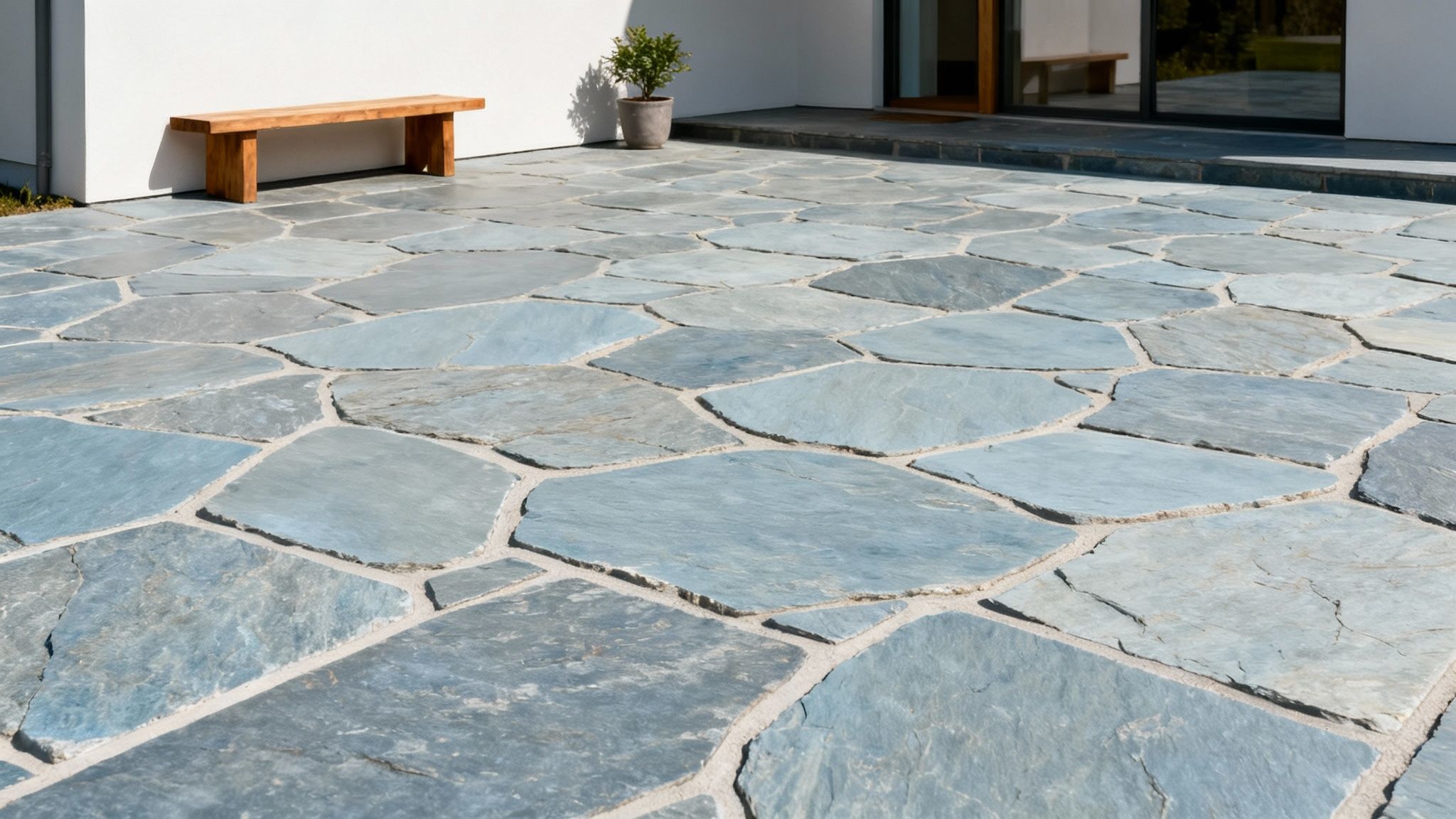 A bluestone patio with irregular light blue-grey pavers, a simple wooden bench, and a potted plant.