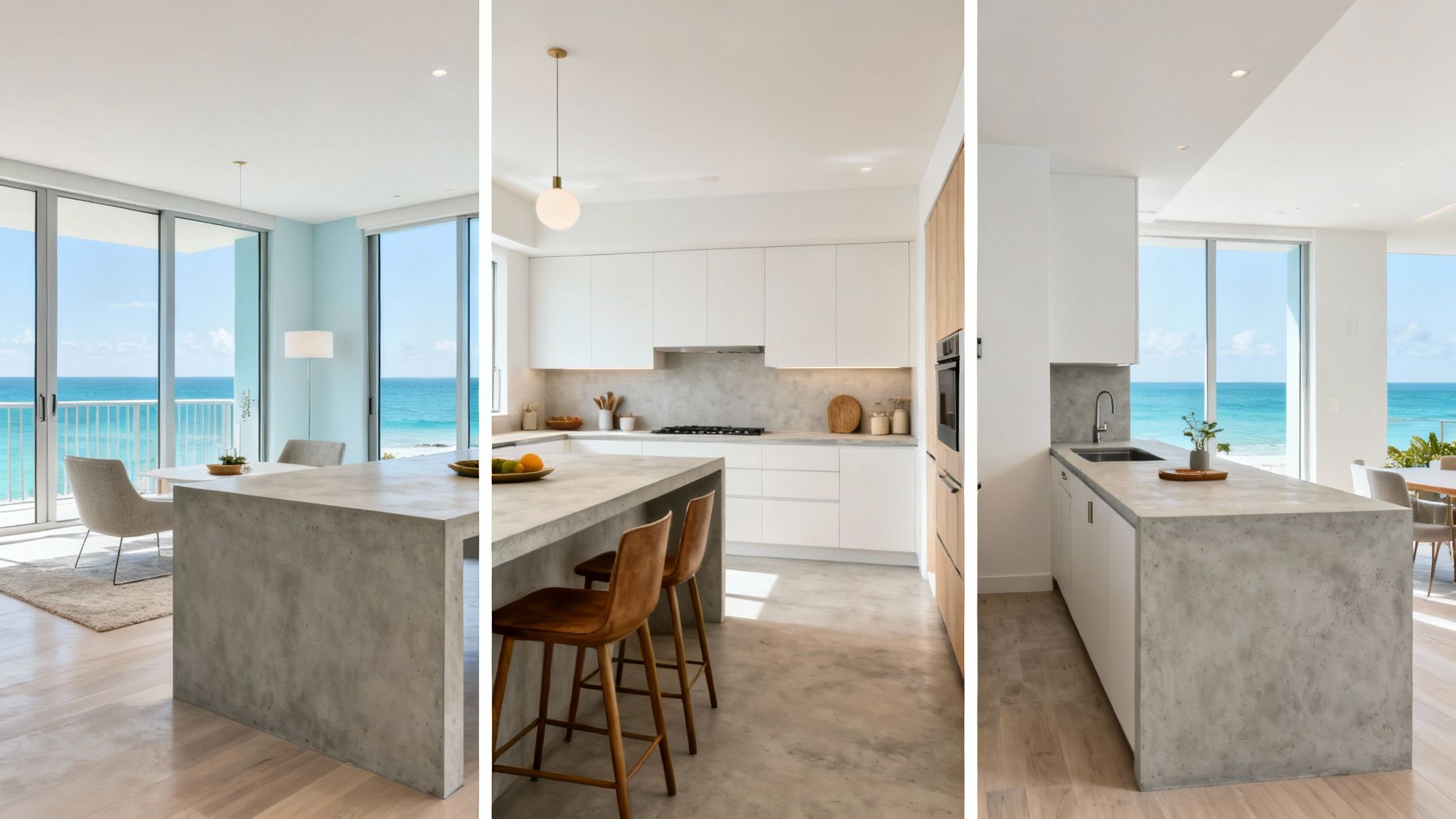 Bright, modern kitchen featuring concrete countertops, white cabinetry, and a stunning ocean view balcony.