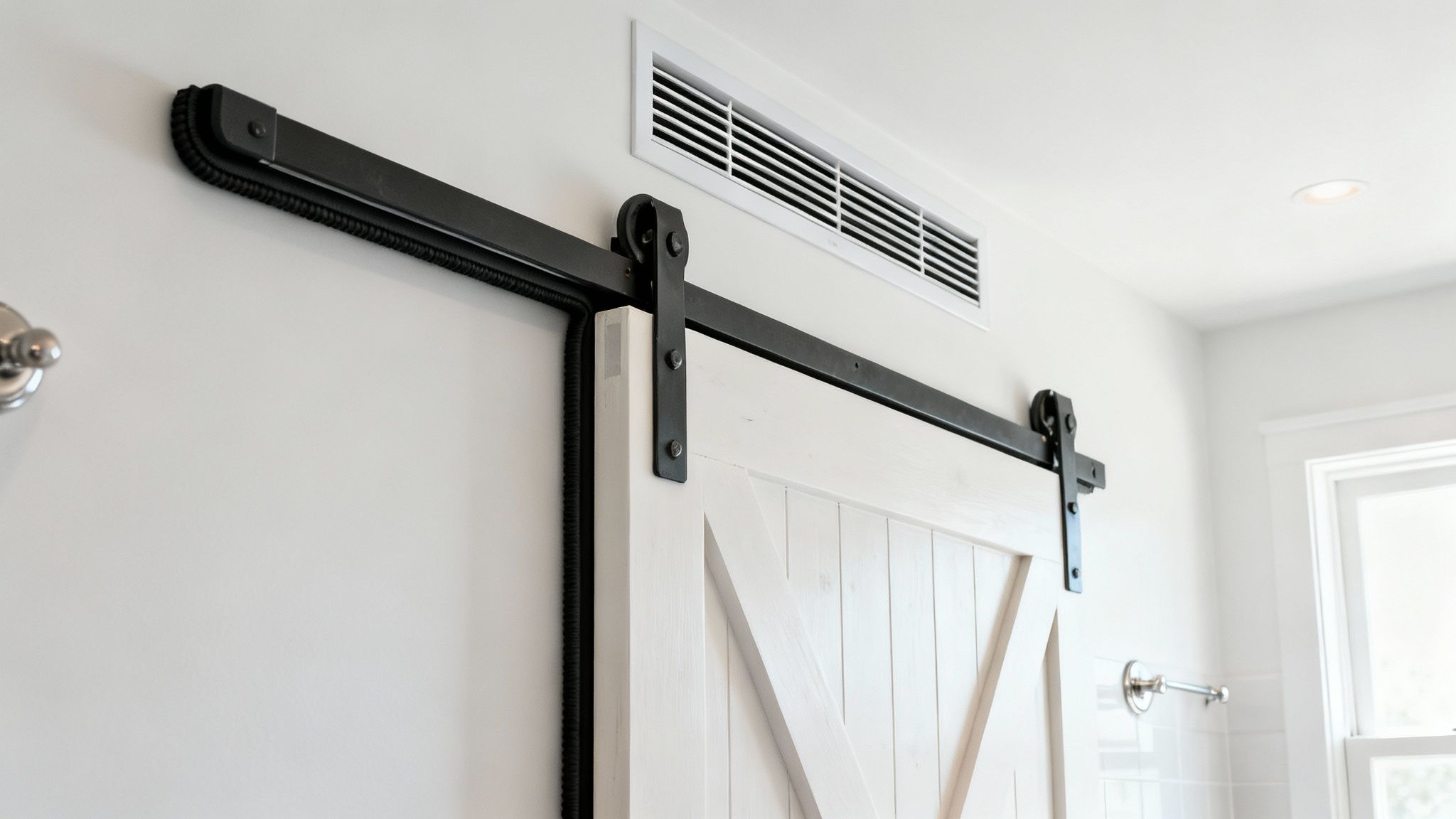 Close-up of a stylish white barn door with black hardware, alongside an air vent and window.