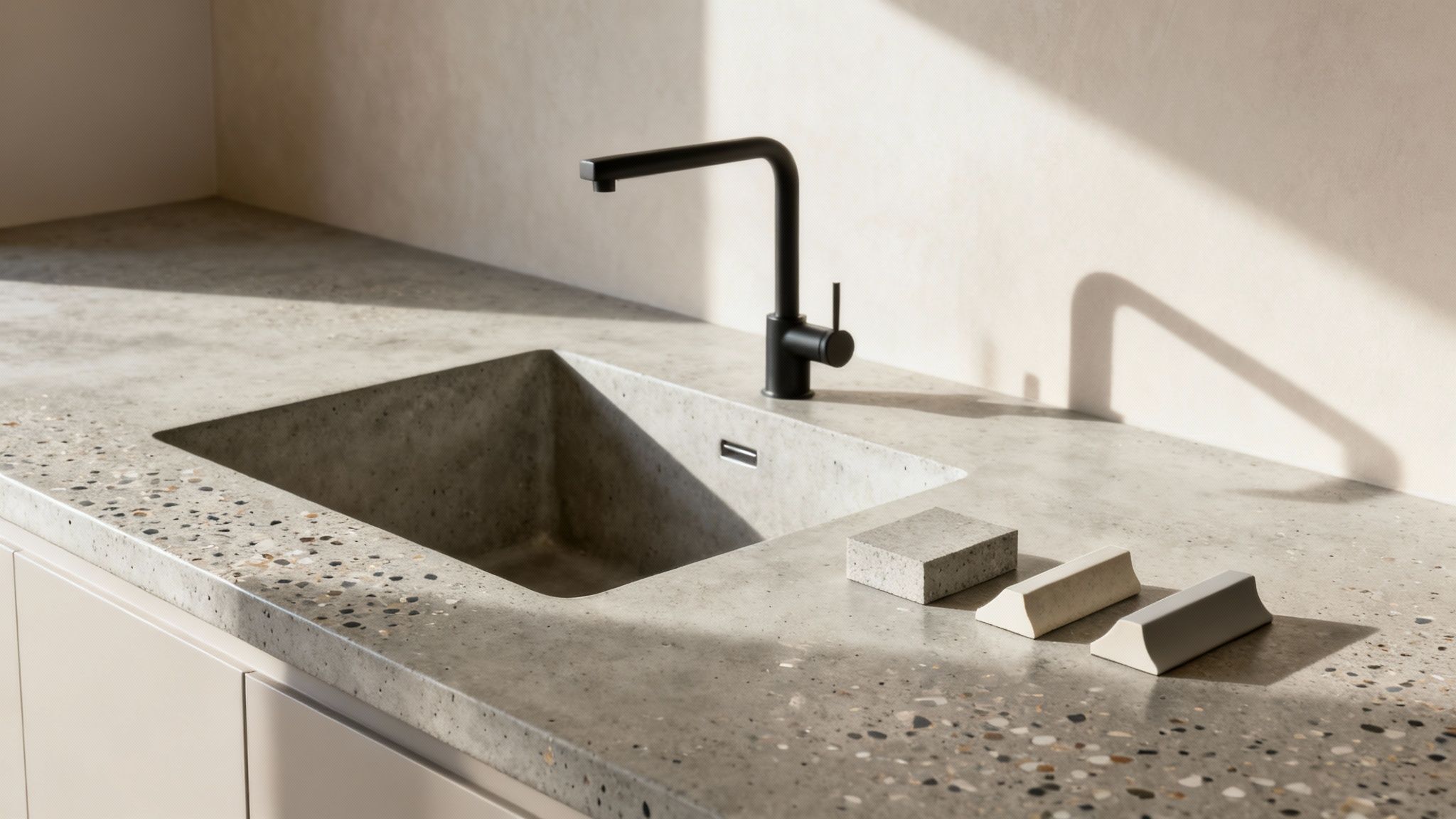 A modern kitchen with a light grey concrete countertop, integrated sink, black faucet, and decorative blocks.