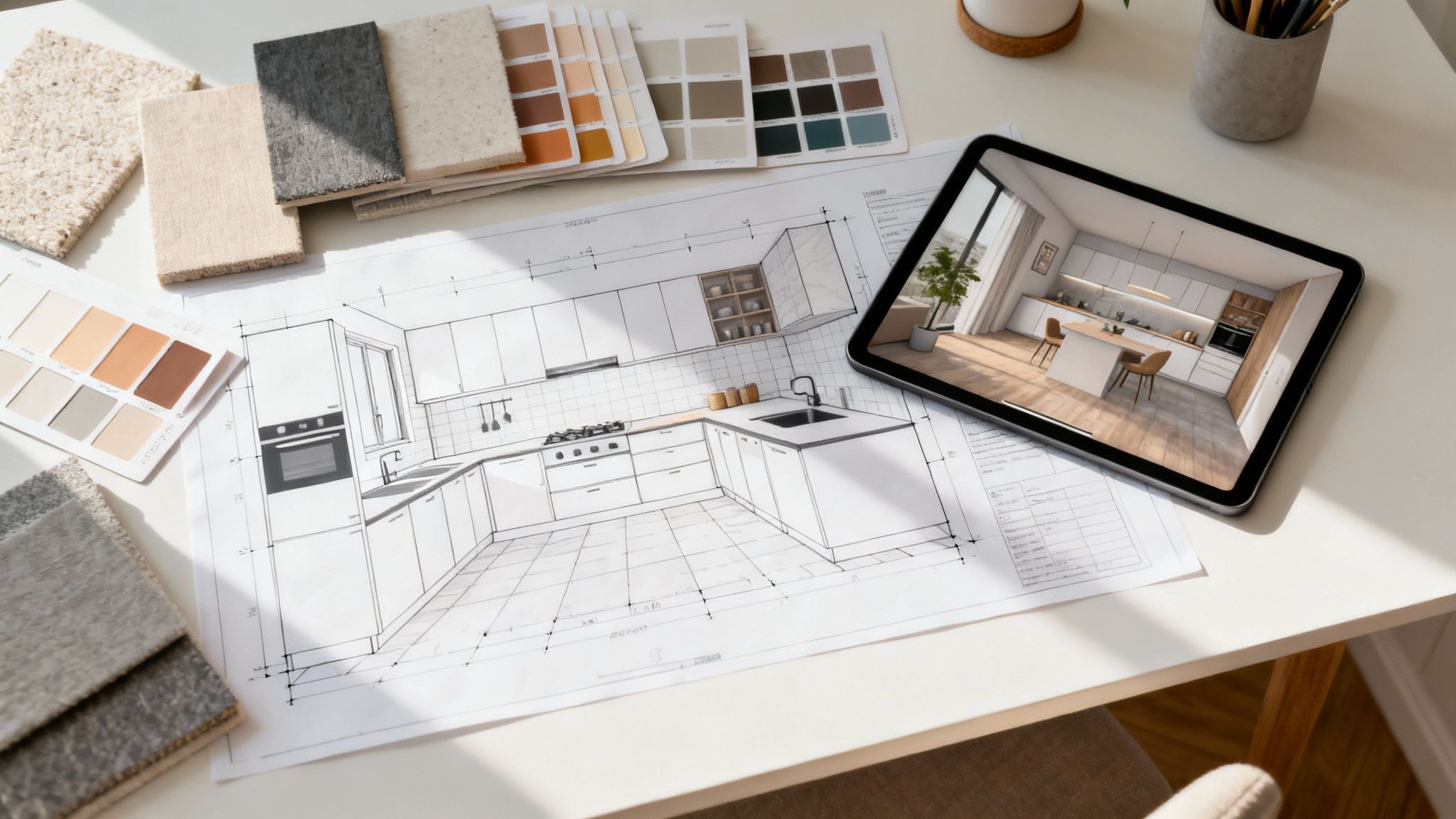 Desk with kitchen design plans, fabric and paint samples, and a tablet showing a modern kitchen rendering.