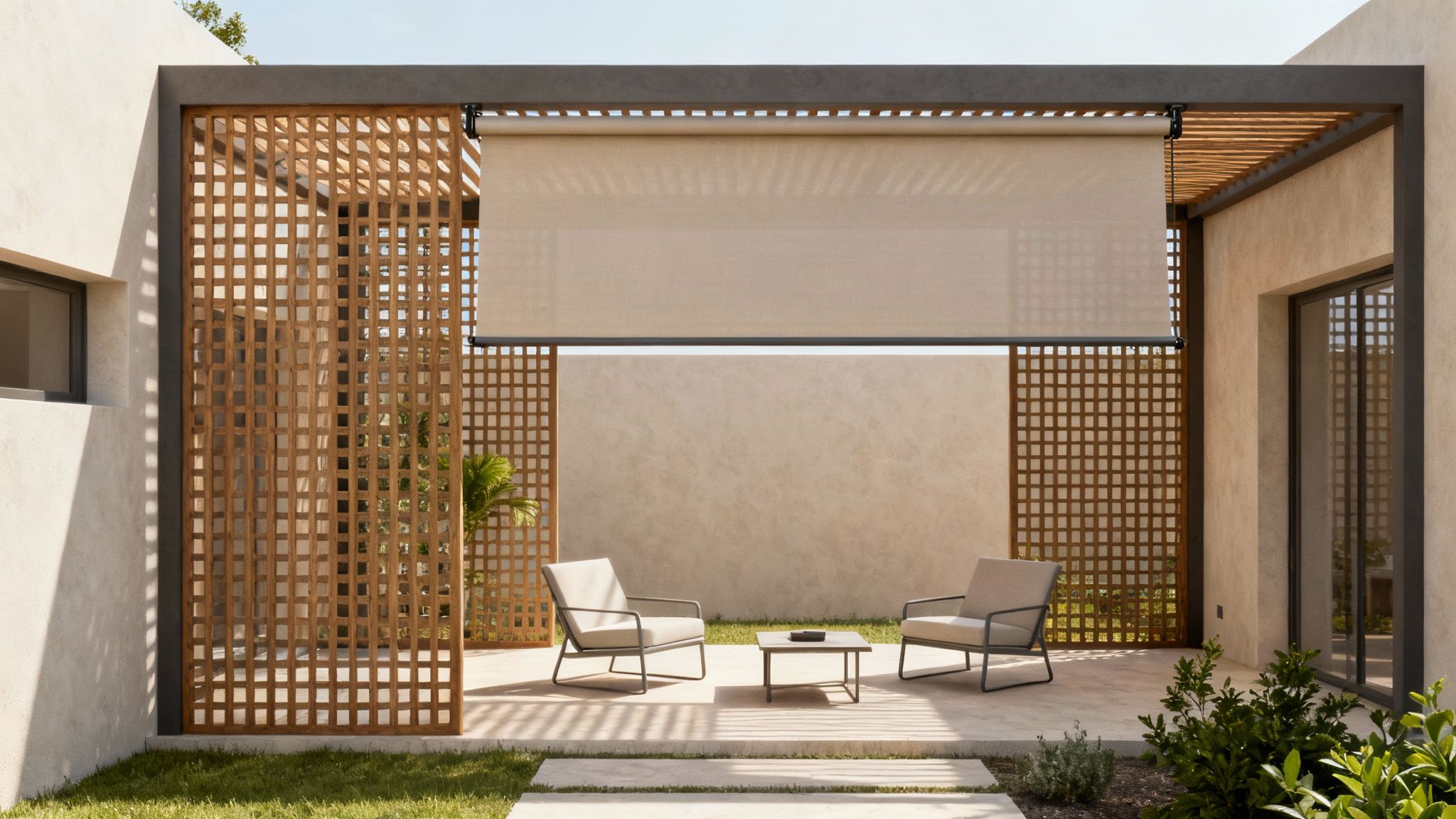 Modern covered patio with retractable shade, wooden lattice screens, and minimalist outdoor furniture