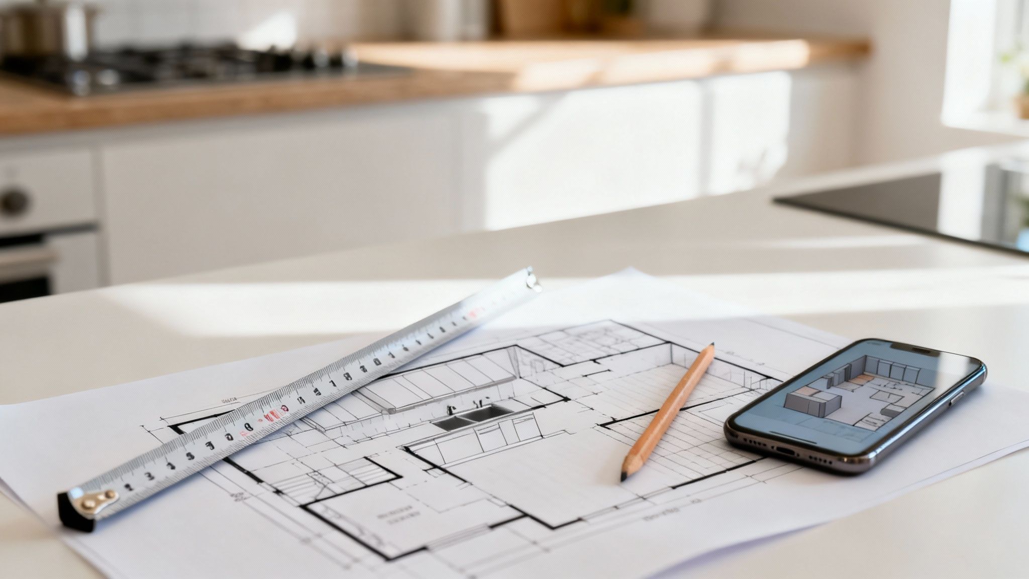 Architectural floor plans, a measuring tape, and a smartphone with a 3D kitchen design on a table.