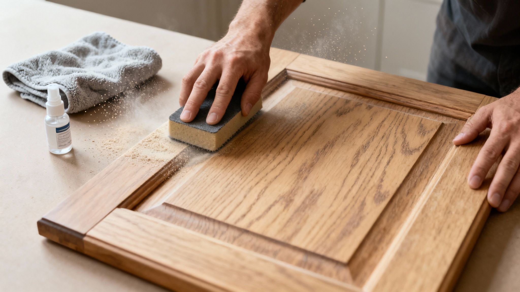 A person's hand sanding a light brown wooden cabinet door with a gray sponge, creating sawdust.