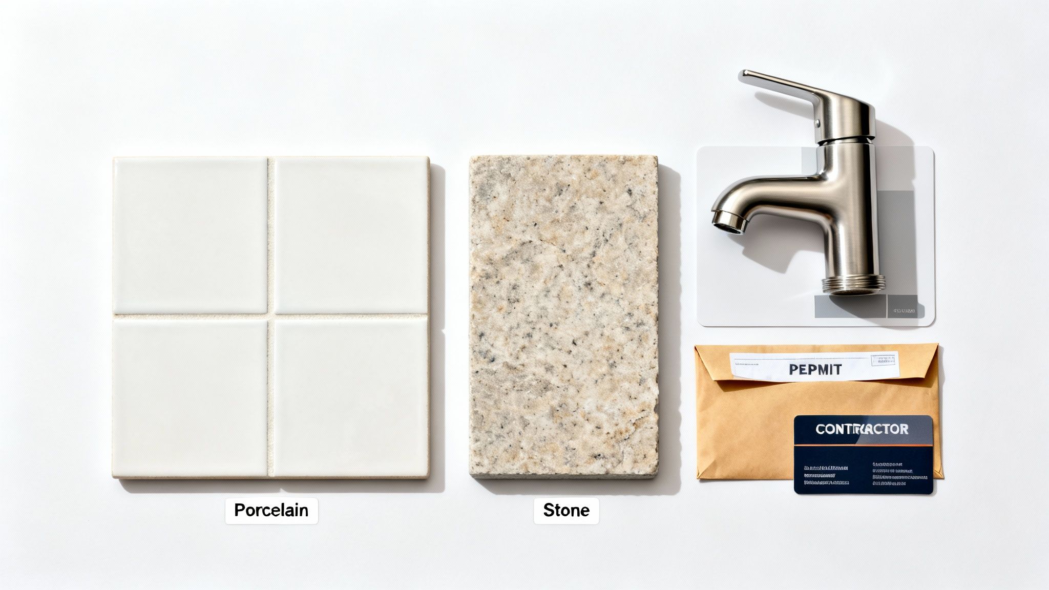 Overhead view of porcelain tiles, stone sample, faucet, permit envelope, and contractor business card for a bathroom remodel.