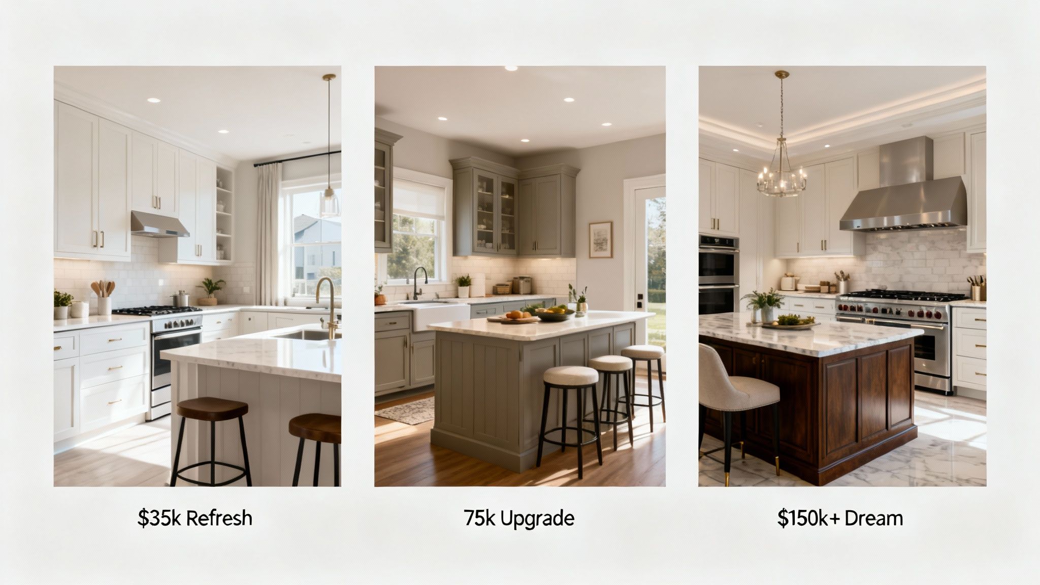 Side-by-side comparison of three modern kitchen designs, from refresh to dream remodel.