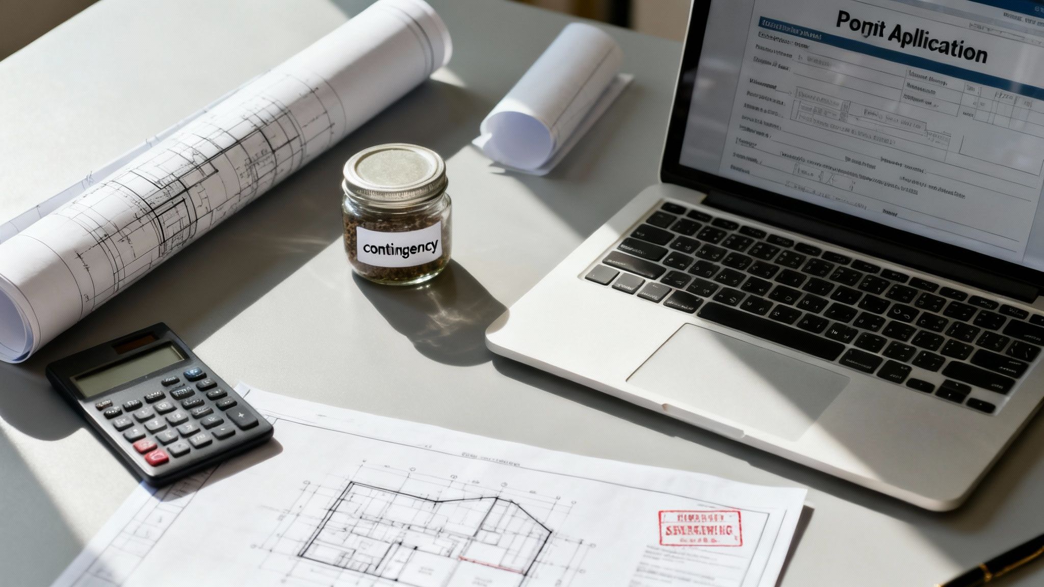 Desk setup with blueprints, calculator, laptop, and a 'contingency' jar, indicating project planning.