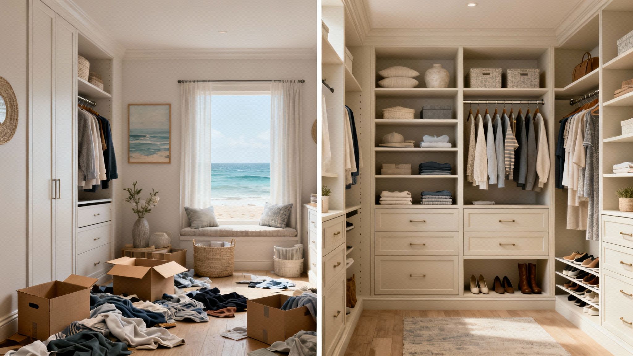 Comparison of a messy room with clothes on floor and an organized walk-in closet.