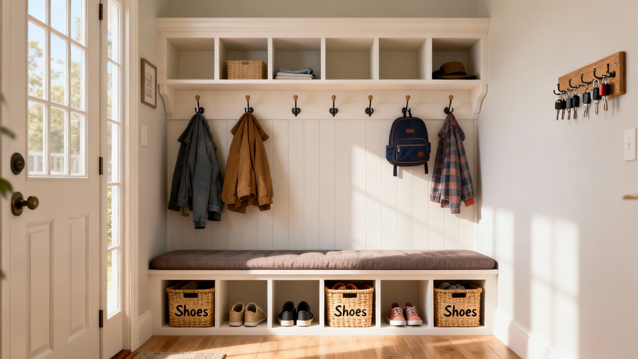 A bright mudroom with a white built-in storage bench, coat hooks, and labeled shoe baskets.