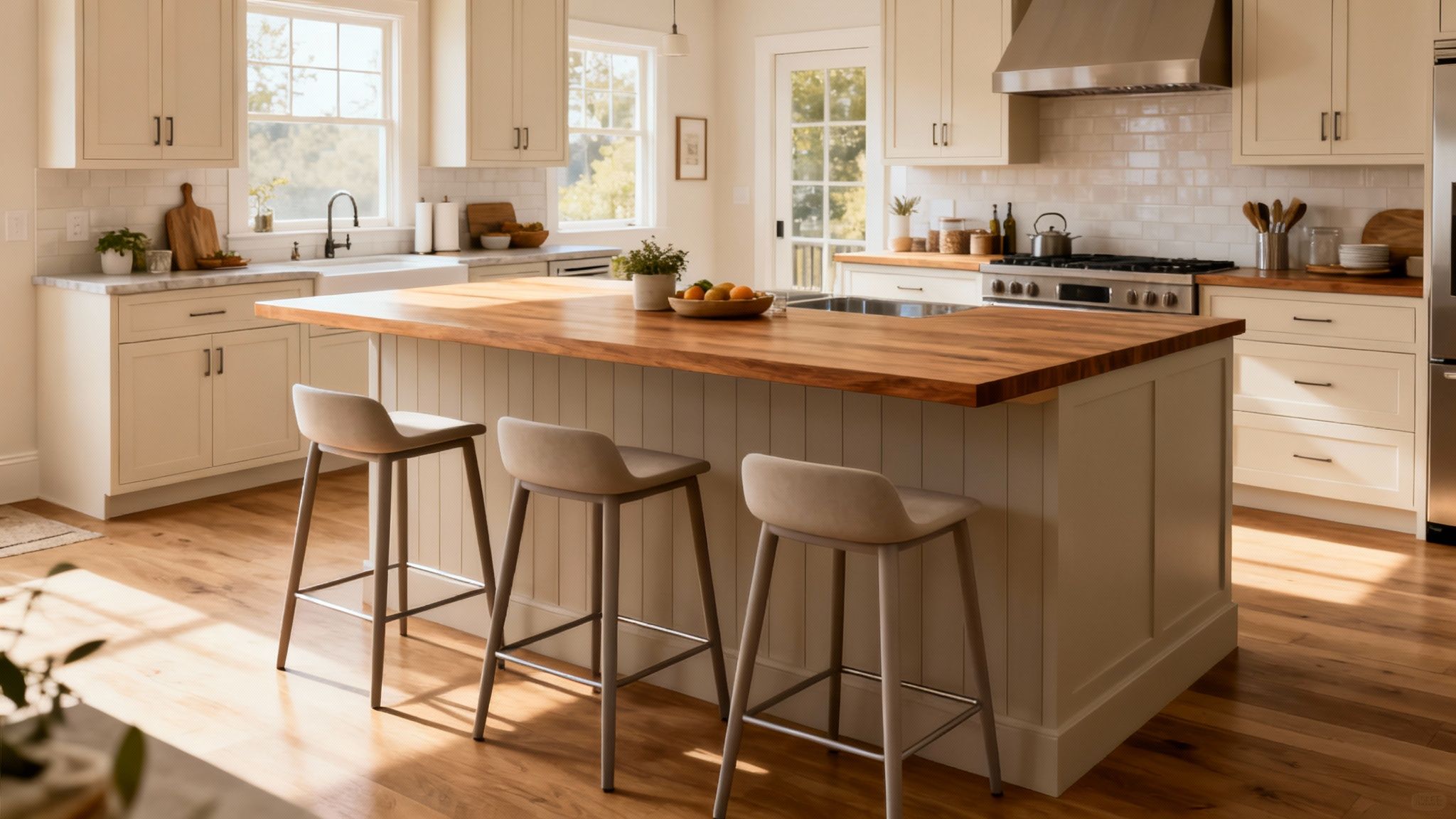 A bright, modern kitchen featuring a spacious wooden island with three light-colored bar stools.
