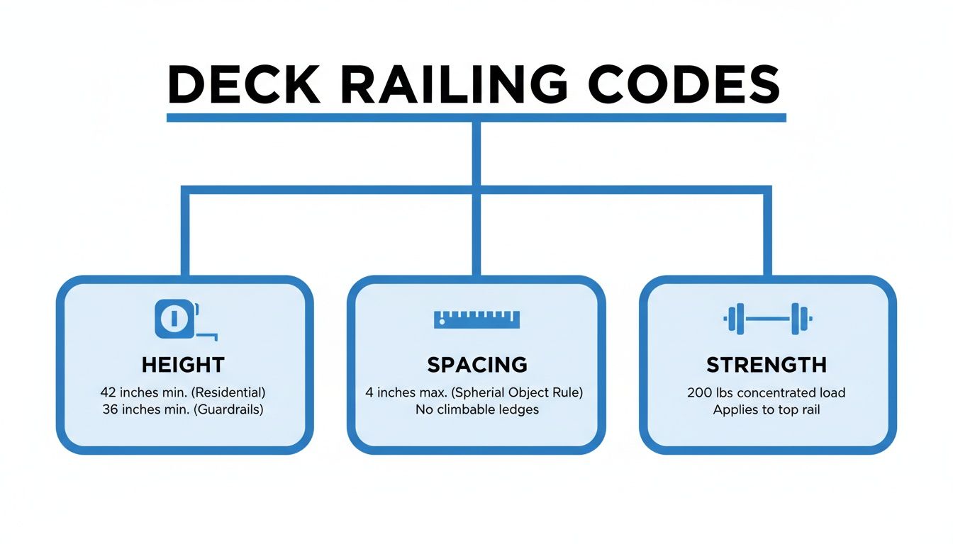 Infographic outlining deck railing codes for height, spacing, and strength, including residential and guardrail minimums.