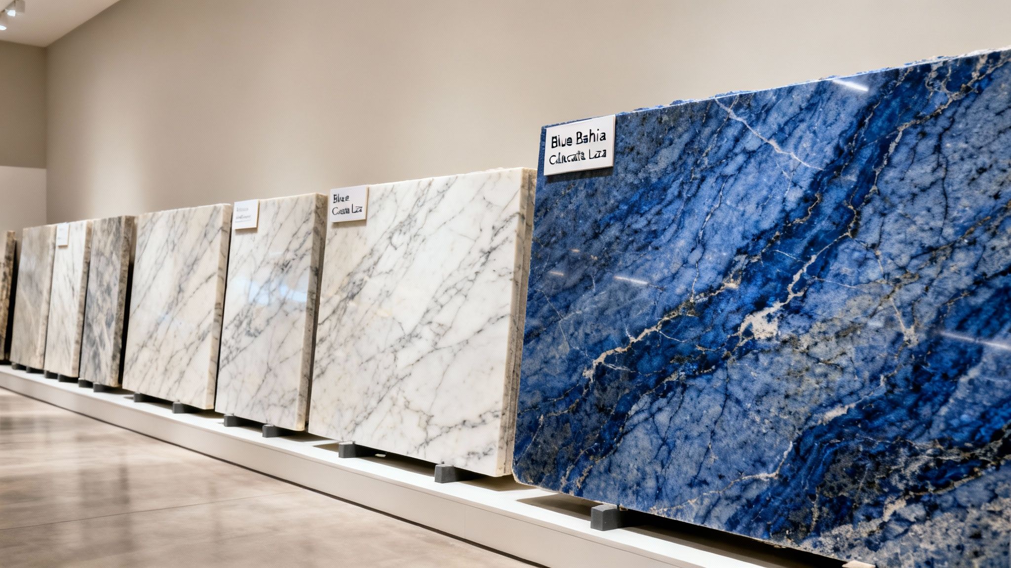 Large polished marble and granite slabs in blue and white, displayed in a bright showroom.