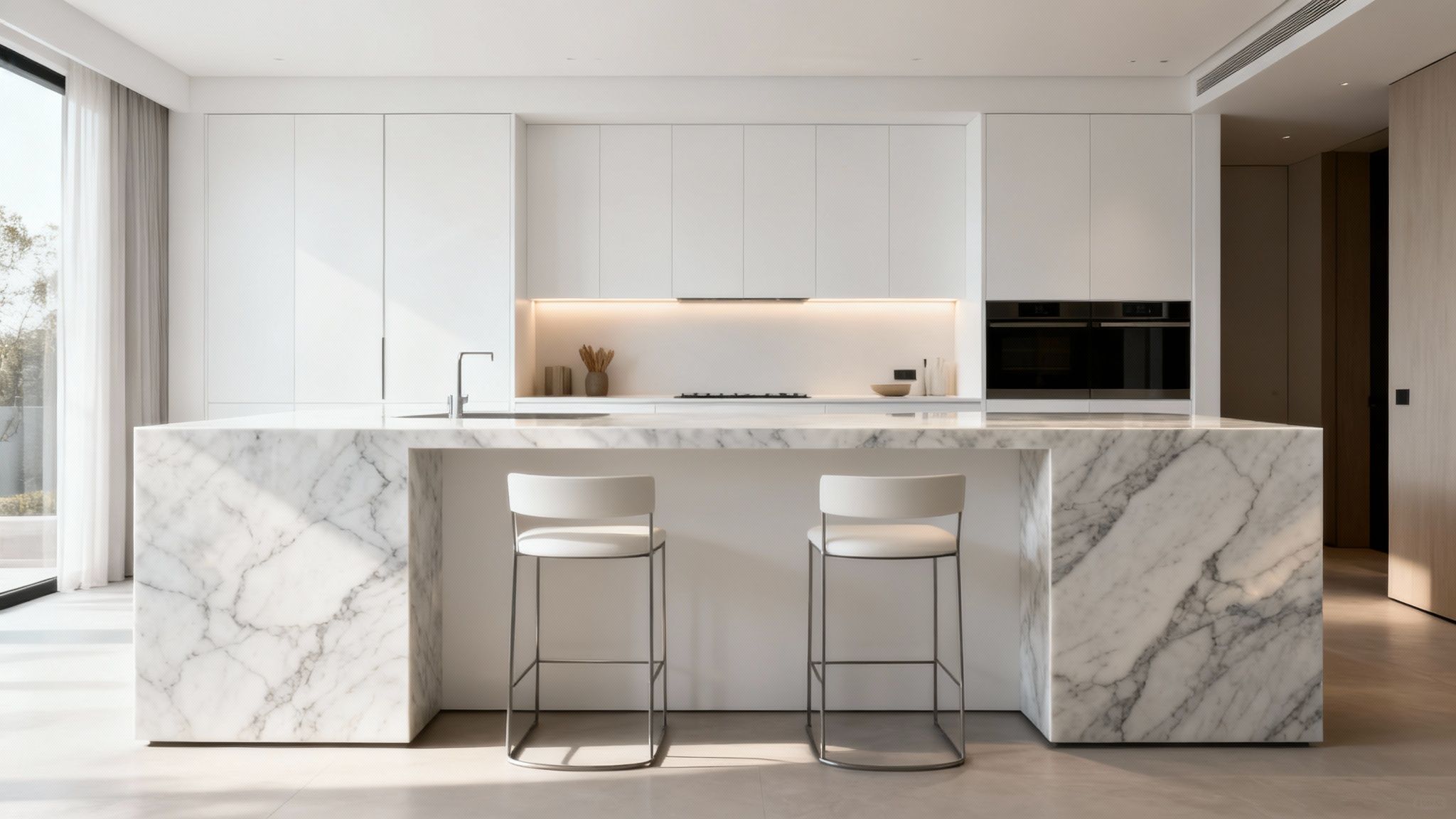 Modern minimalist kitchen featuring a white marble island with two bar stools and sleek white cabinetry.