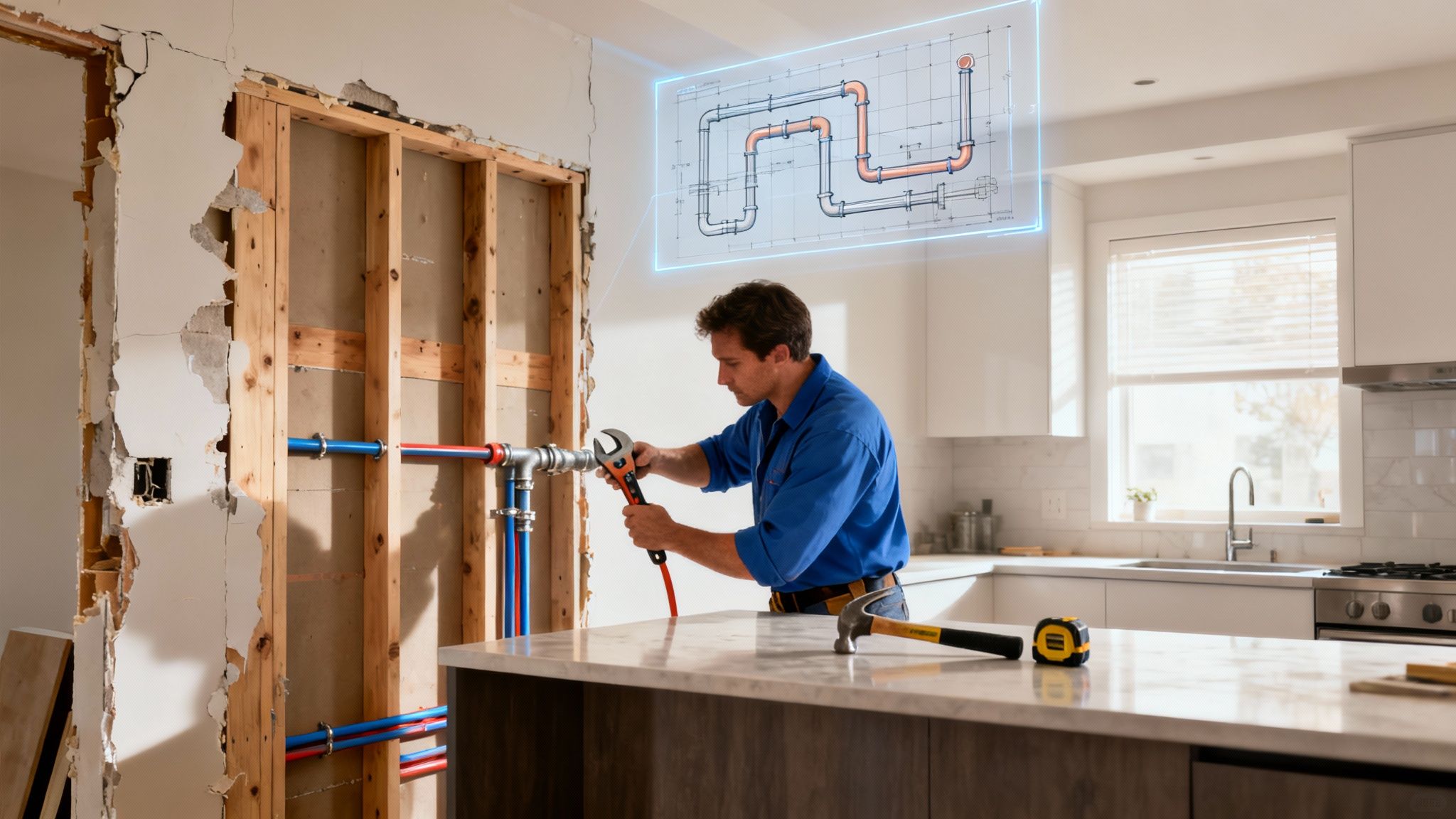 A plumber installing new pipes in a partially demolished kitchen wall, referencing a holographic blueprint.
