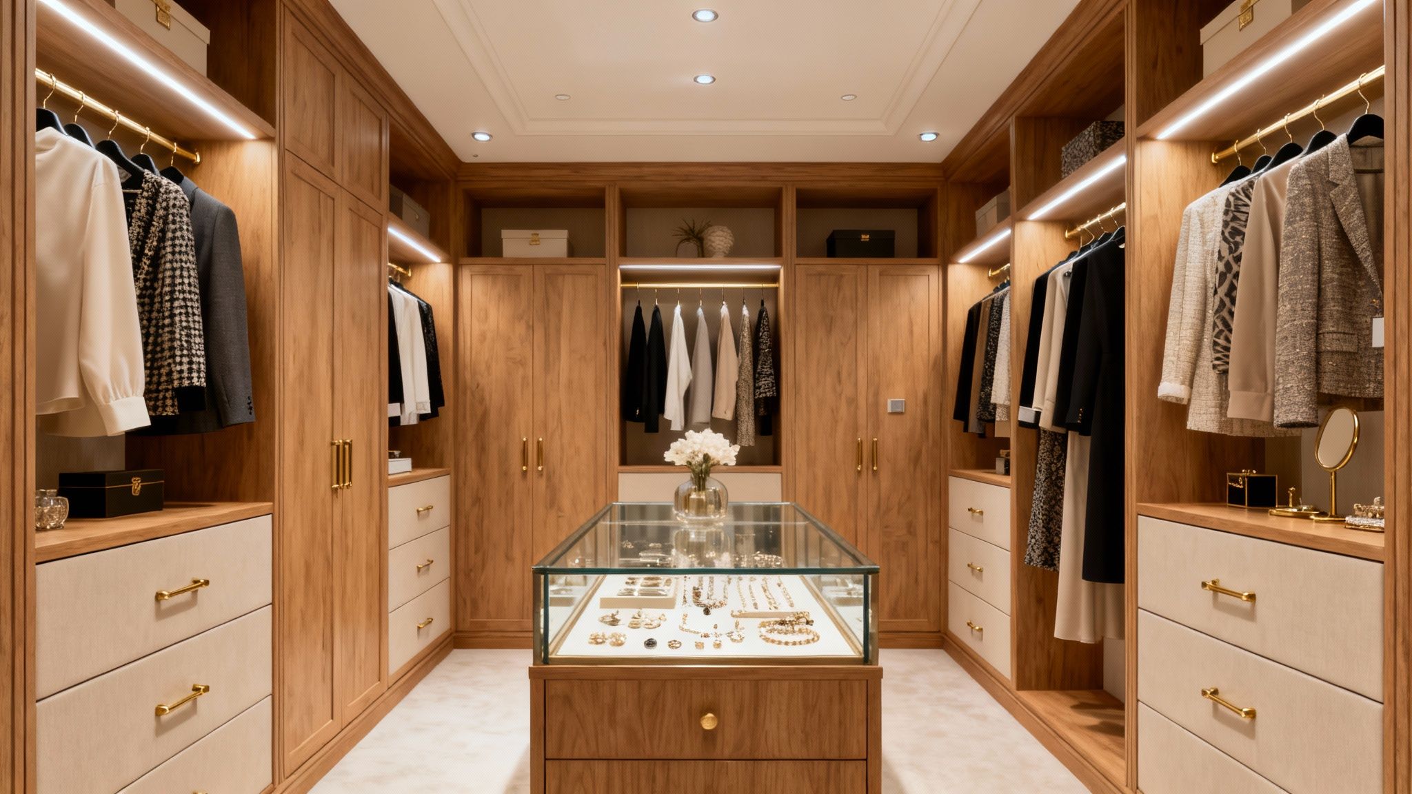 Elegant walk-in closet with custom wooden cabinetry, hanging clothes, and a central jewelry display.