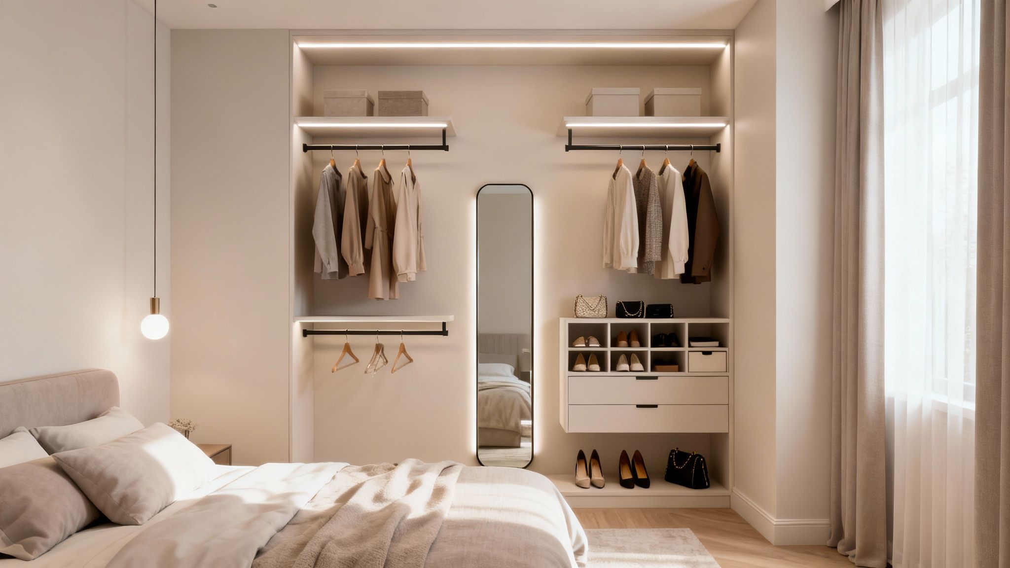A bright, modern bedroom with an open closet system, featuring clothes, shoes, and a full-length mirror.