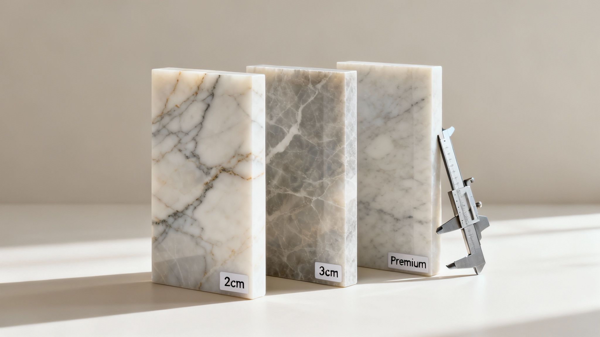 Three marble or quartz slabs showcasing different thicknesses and patterns with a caliper.