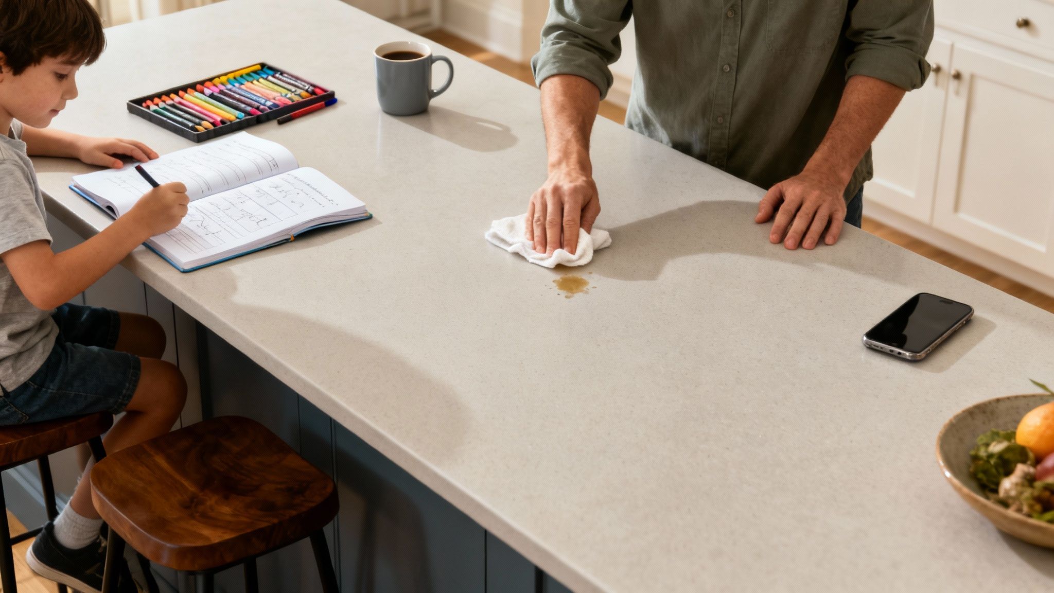 Adult's hand cleaning a spill on a light gray kitchen counter next to a child doing homework.