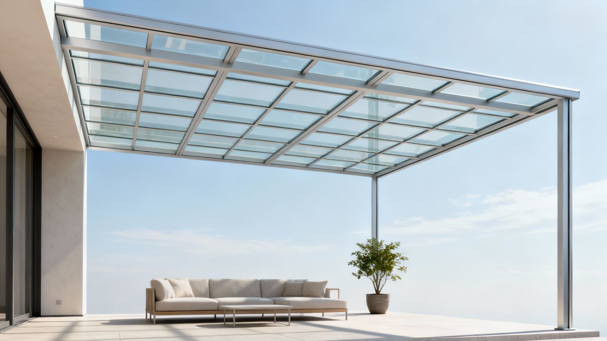 Modern minimalist covered patio with glass roof, metal frame, and contemporary outdoor sofa