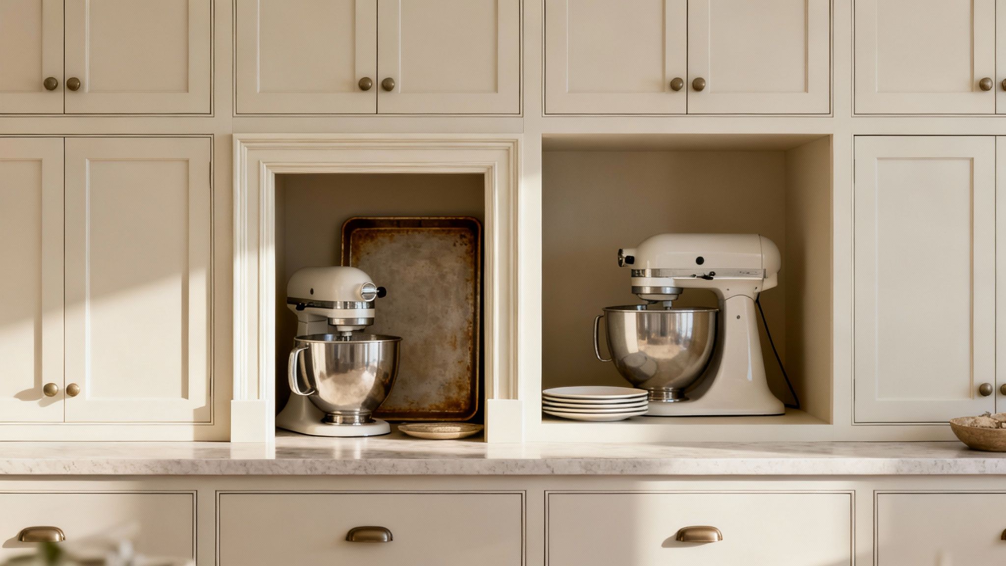 Traditional cream kitchen with framed cabinets, marble counter, and two stand mixers.