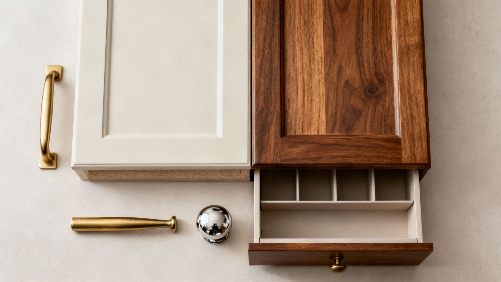 Two kitchen cabinet samples, one light and one dark wood, with assorted hardware.